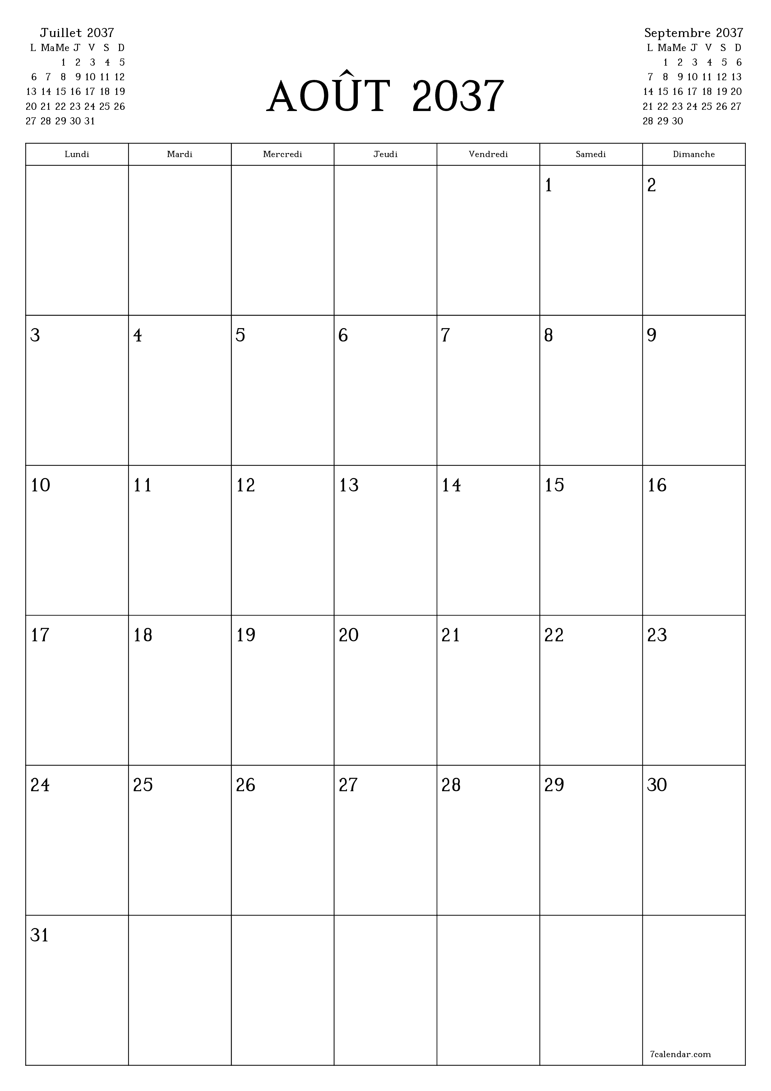  imprimable mural modèle de gratuitverticale Mensuel planificateur calendrier Août (Aou) 2037