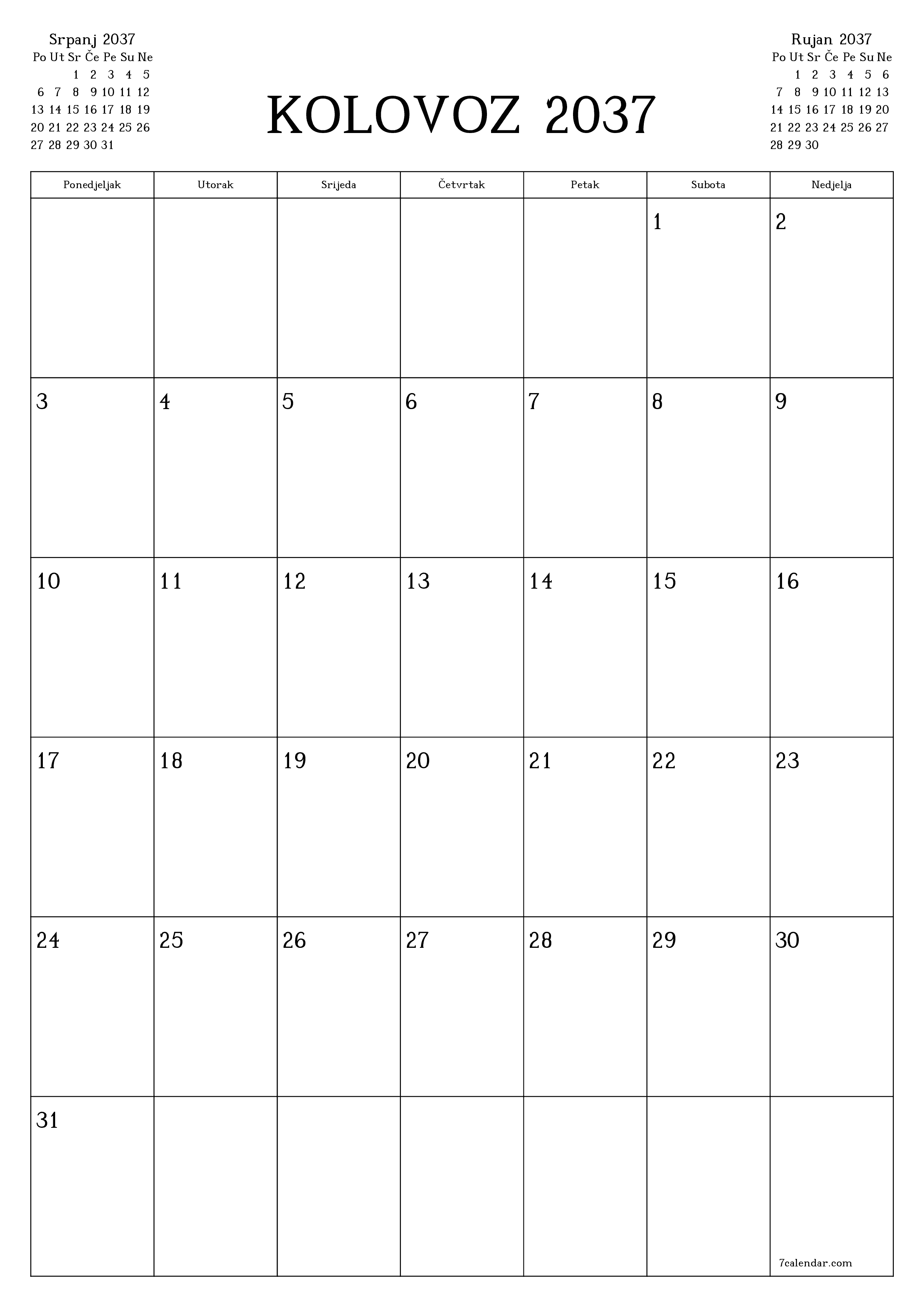  za ispis zidni predložak a besplatni okomito Mjesečni planer kalendar Kolovoz (Kol) 2037