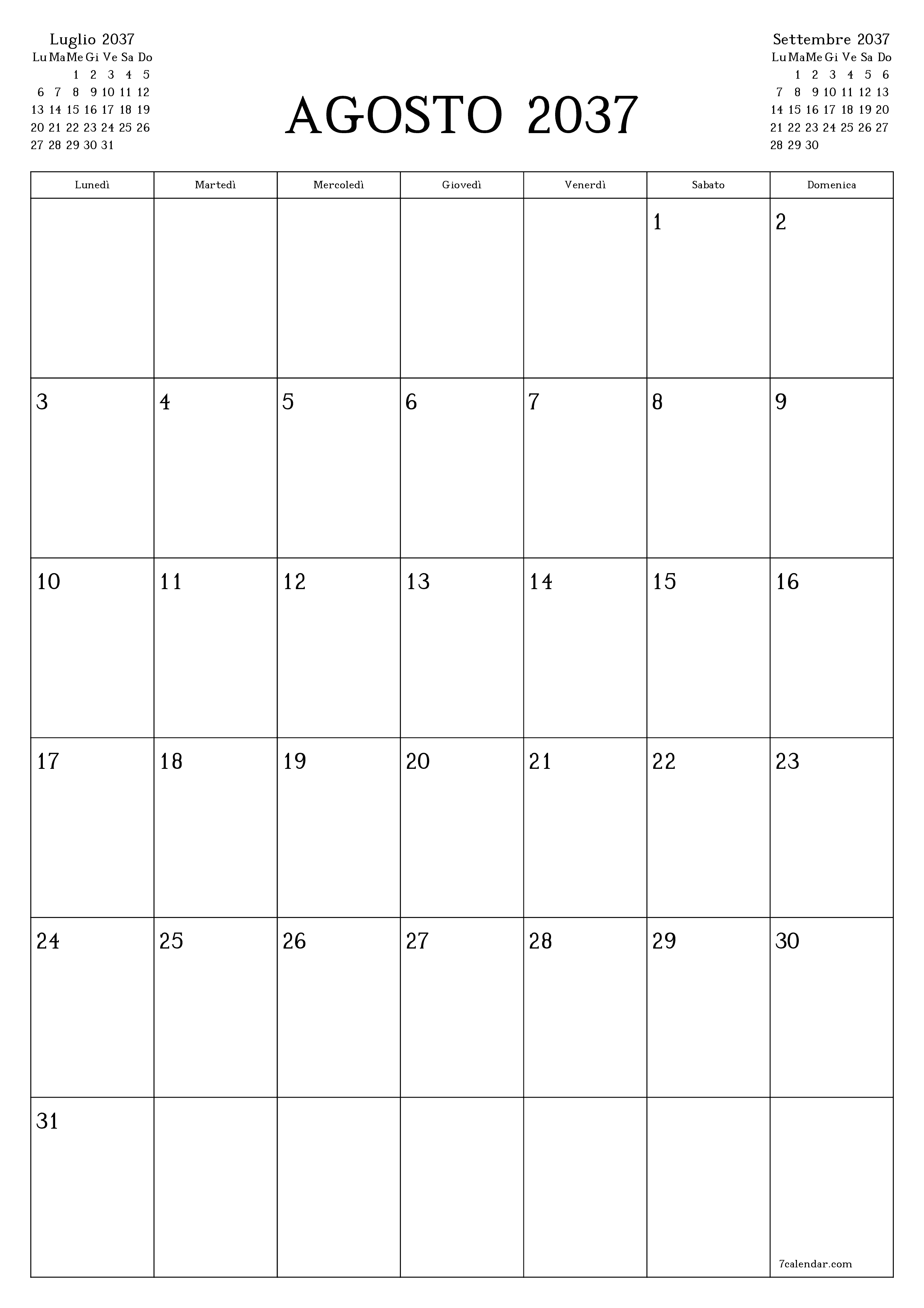 Pianificatore mensile vuoto per il mese Agosto 2037 con note, salva e stampa in PDF PNG Italian