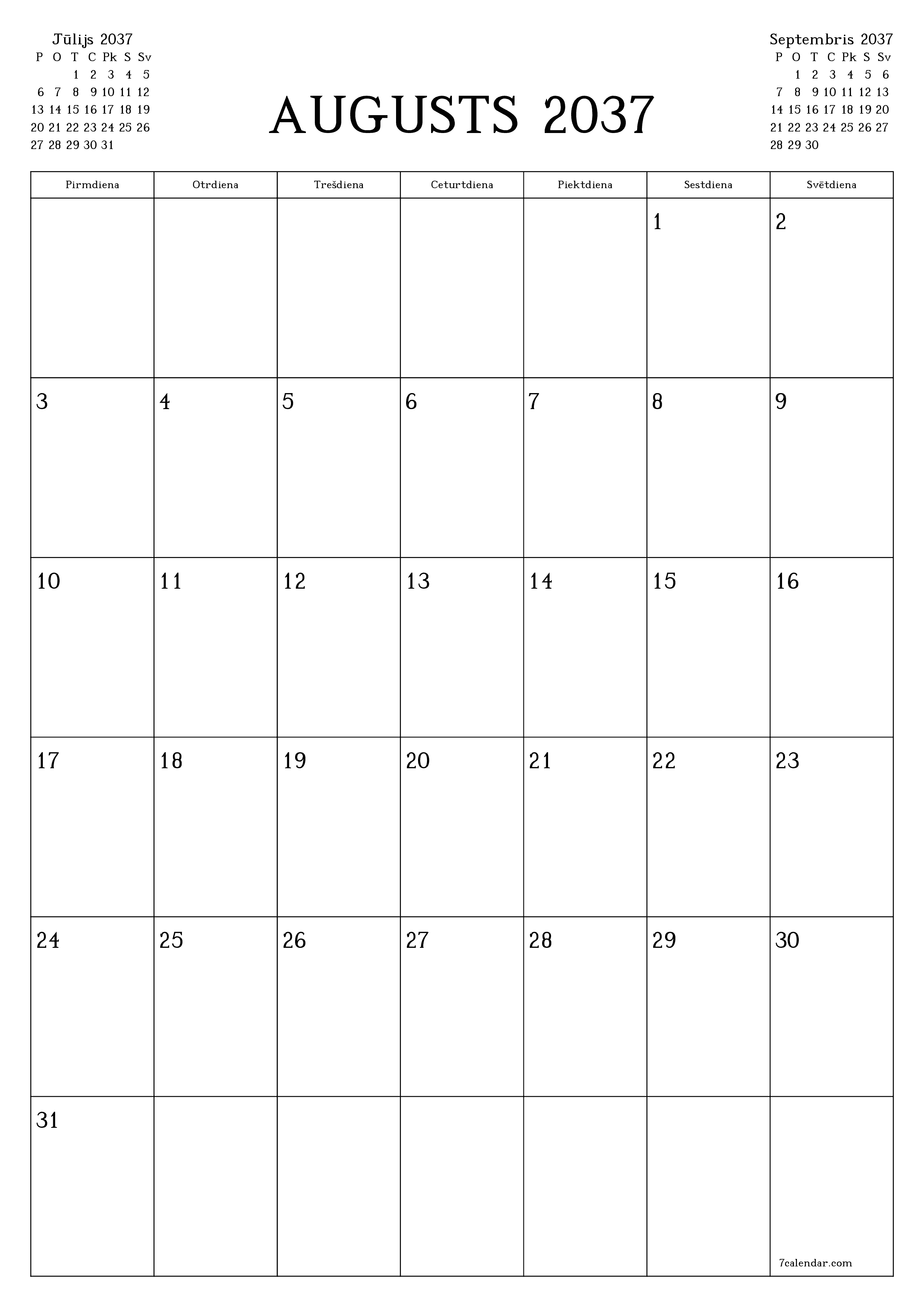 izdrukājams sienas kalendāra veidne bezmaksas vertikāli Mēneša plānotājs kalendārs Augusts (Aug) 2037