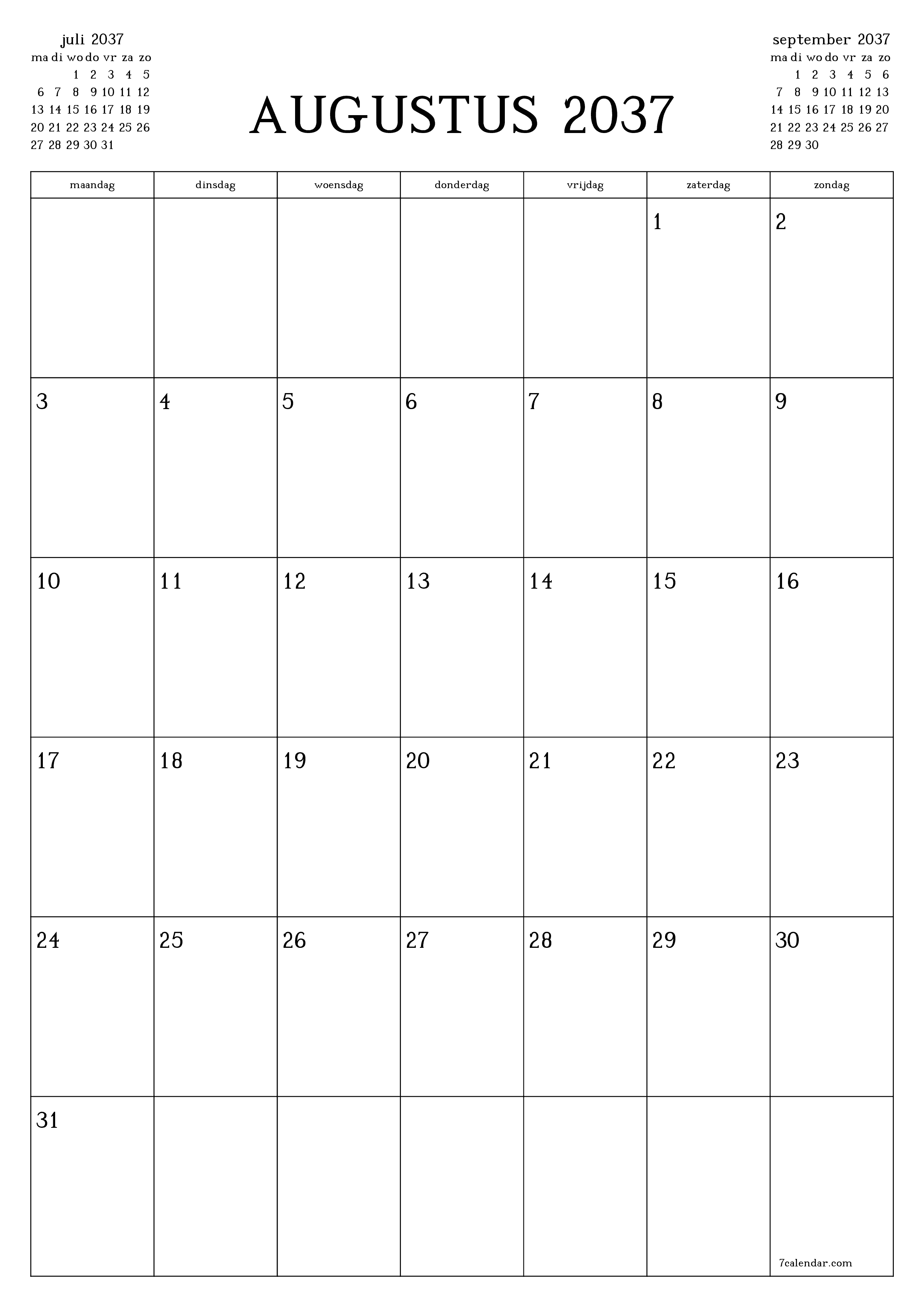afdrukbare muur sjabloon gratis verticaal Maandelijks planner kalender augustus (aug) 2037