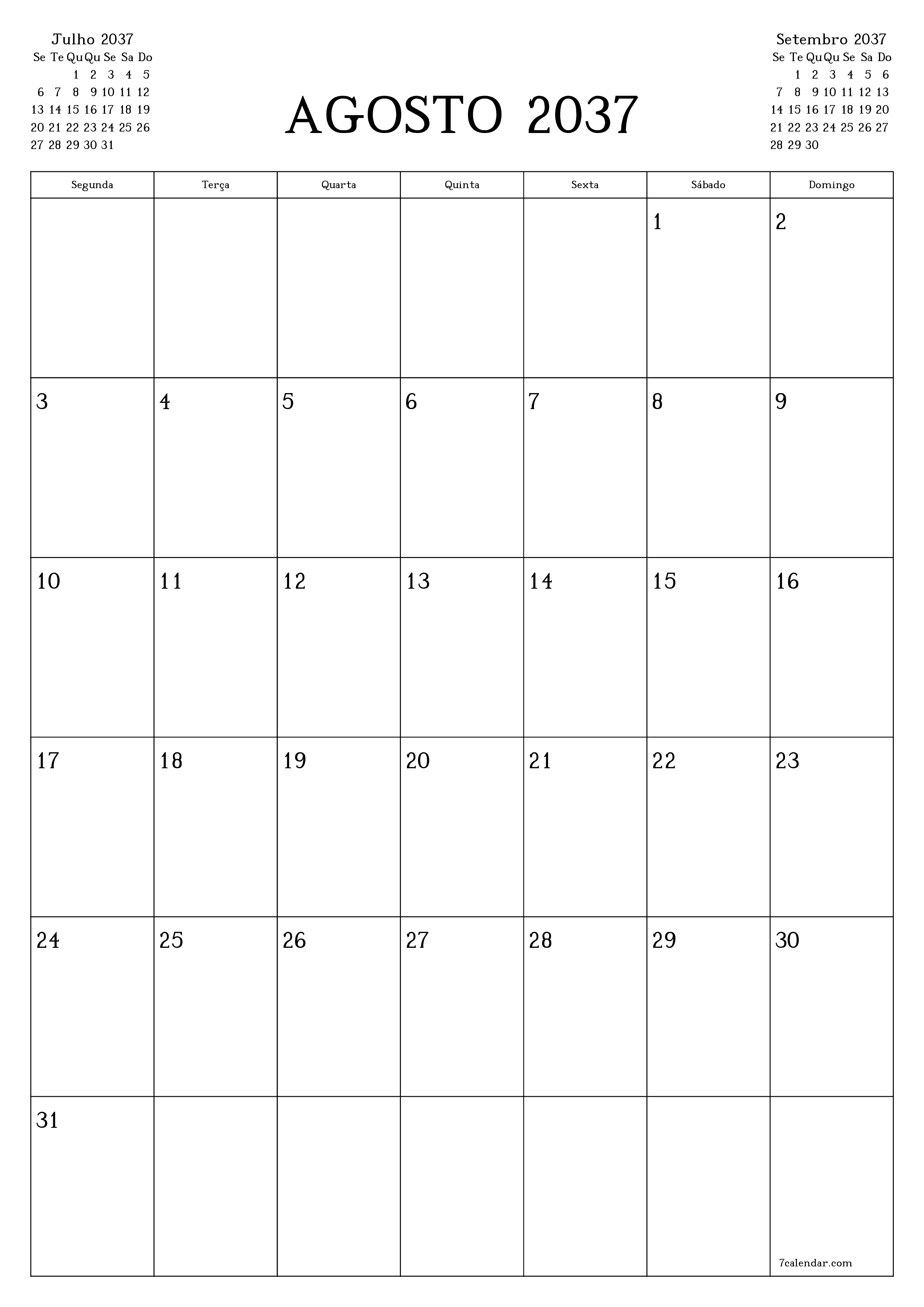  para impressão de parede modelo de grátisvertical Mensal planejador calendário Agosto (Ago) 2037