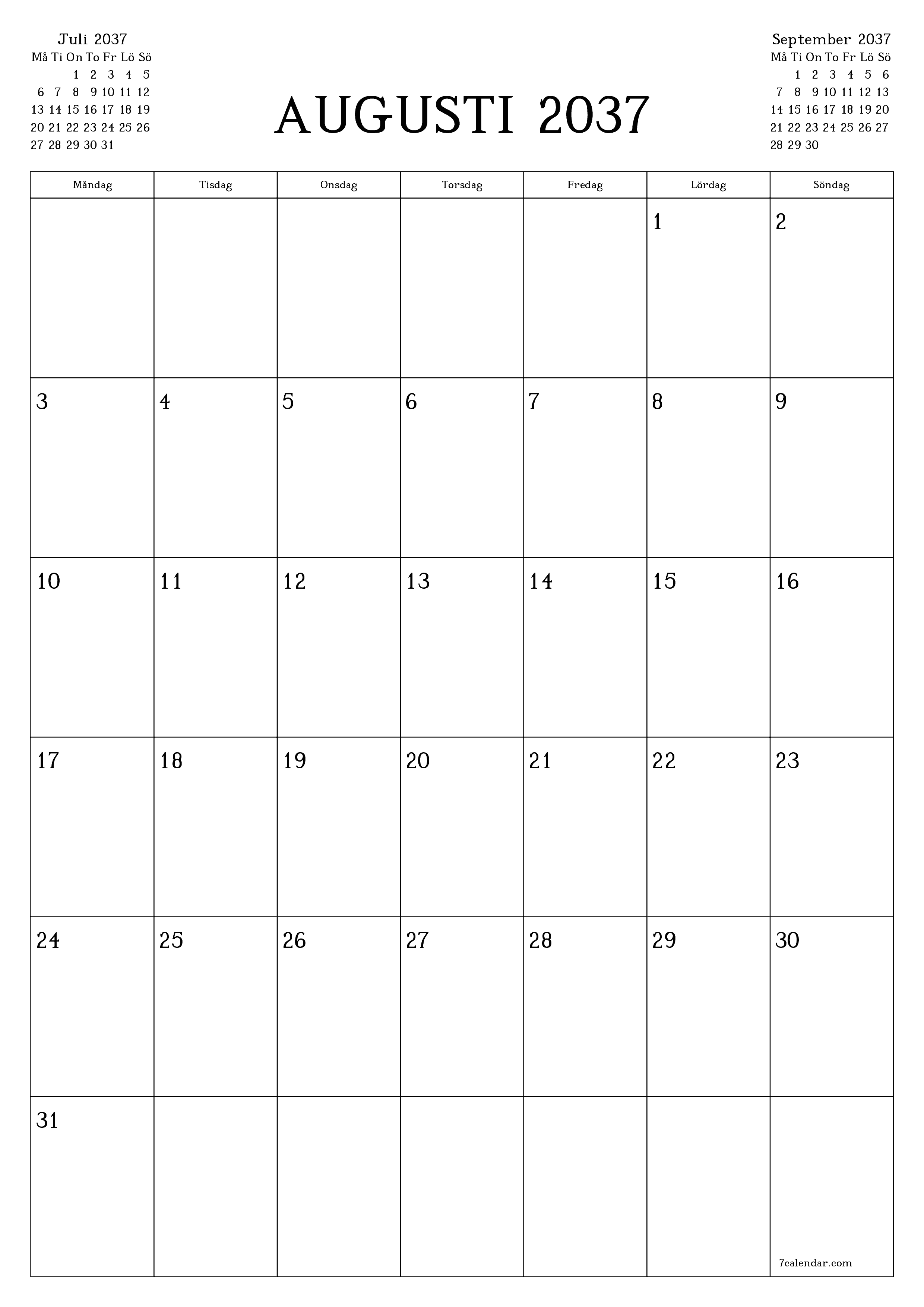 utskrivbar vägg mall gratis vertikal Månatlig planerare kalender Augusti (Aug) 2037