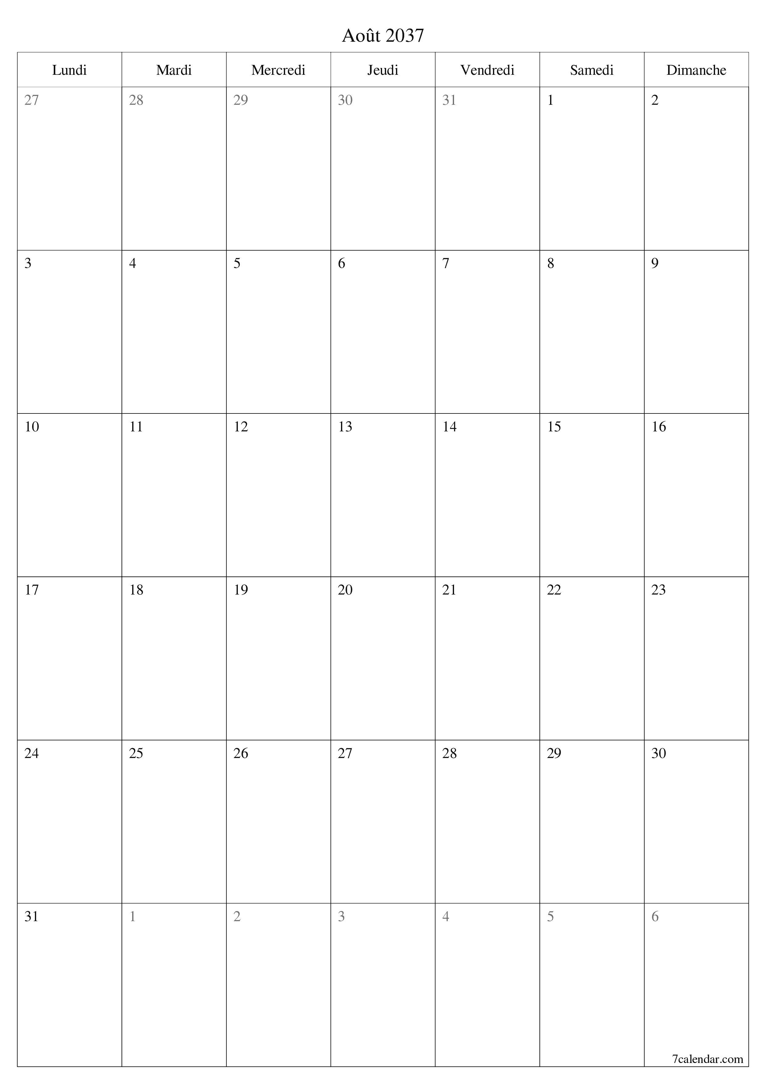  imprimable mural modèle de gratuitverticale Mensuel planificateur calendrier Août (Aou) 2037