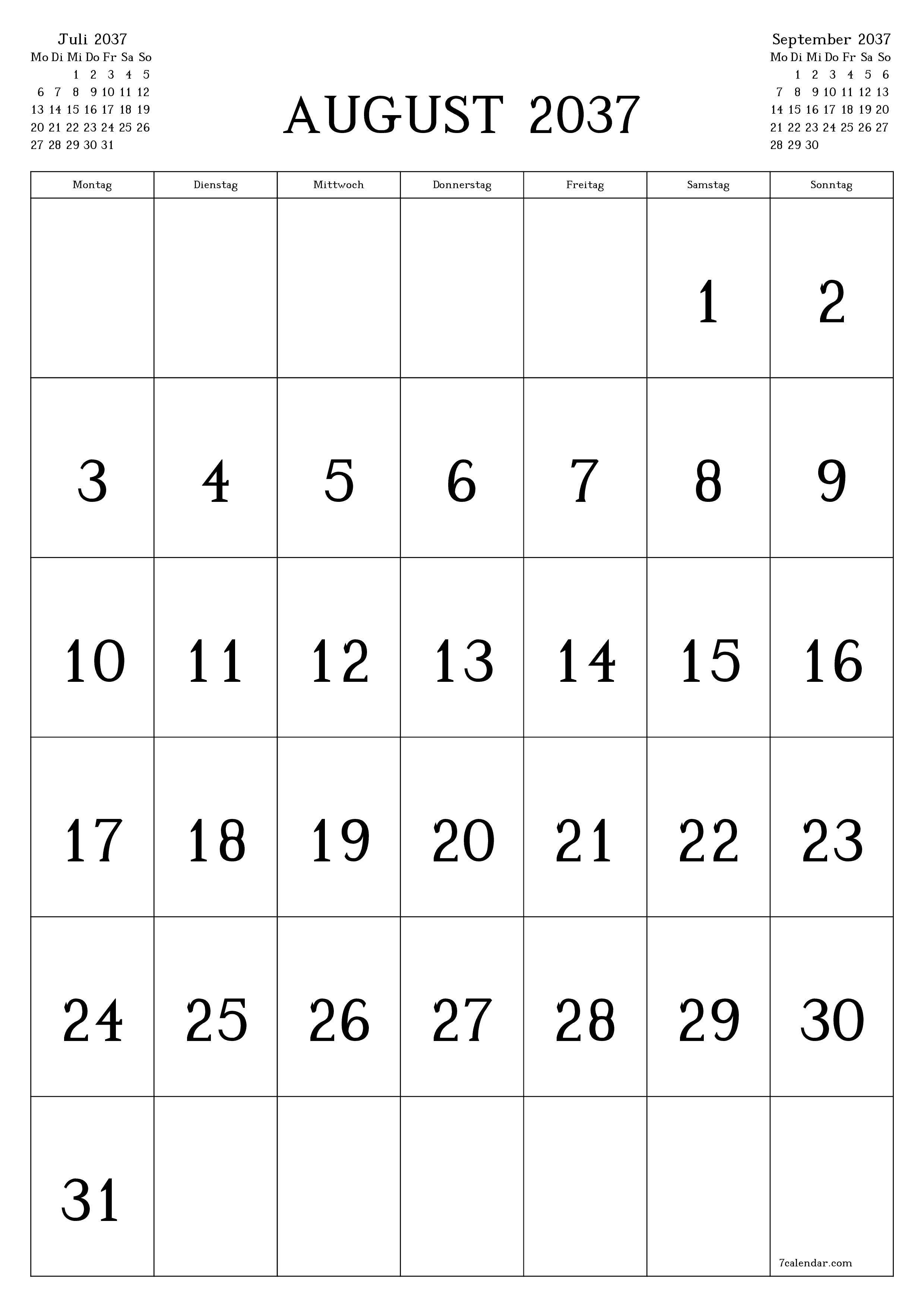  zum Ausdrucken Wandkalender vorlage kostenloser vertikal Monatlich Kalender August (Aug) 2037