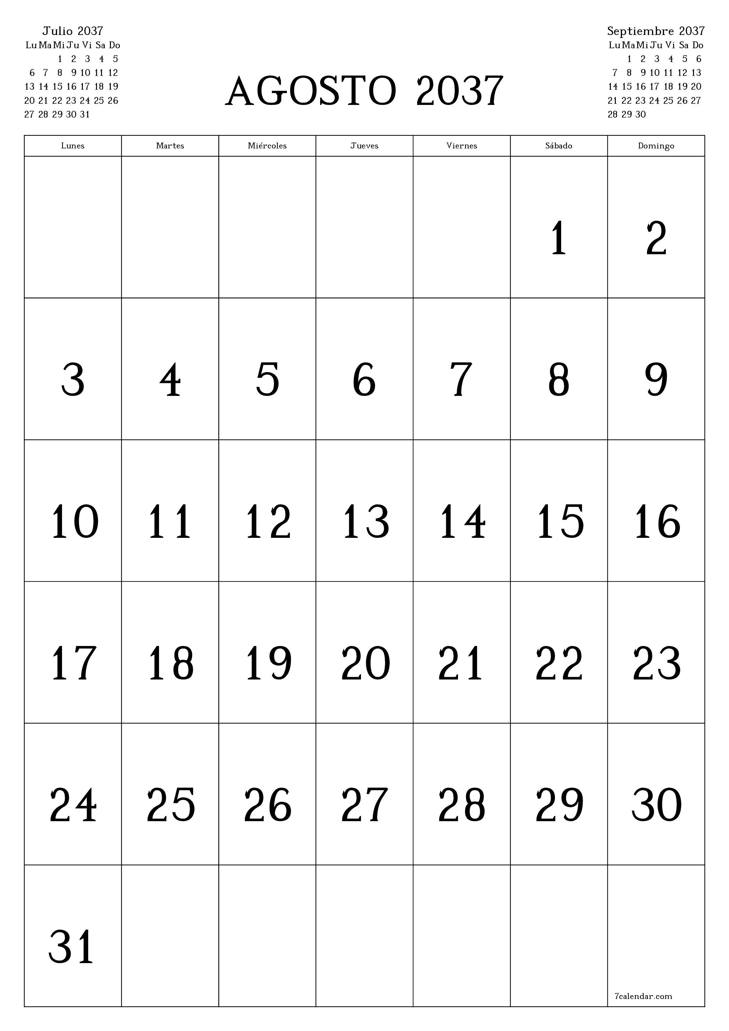  imprimible de pared plantilla de gratisvertical Mensual calendario Agosto (Ago) 2037