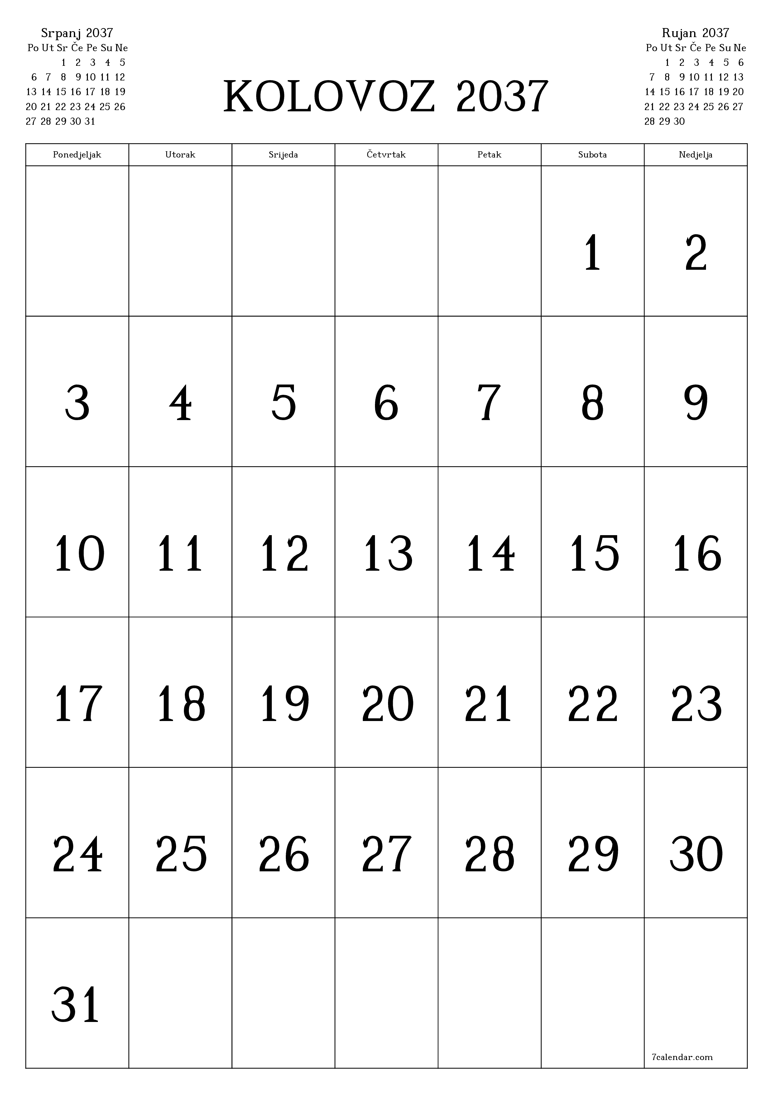  za ispis zidni predložak a besplatni okomito Mjesečni kalendar Kolovoz (Kol) 2037