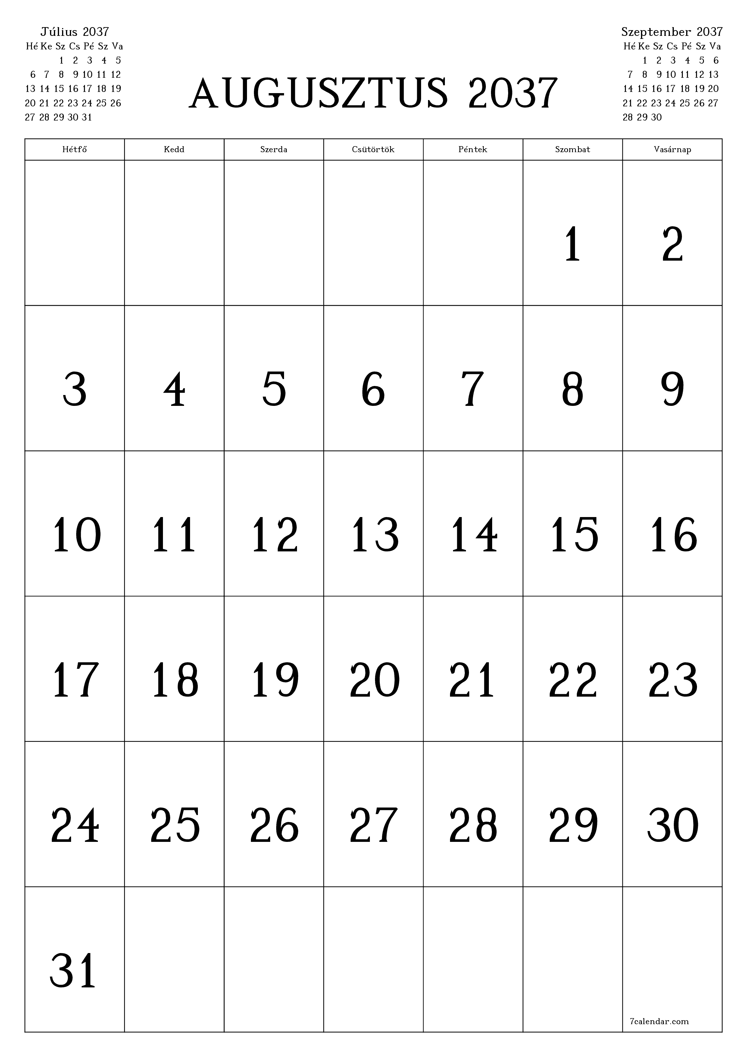 nyomtatható fali sablon ingyenes függőleges Havi naptár Augusztus (Aug) 2037
