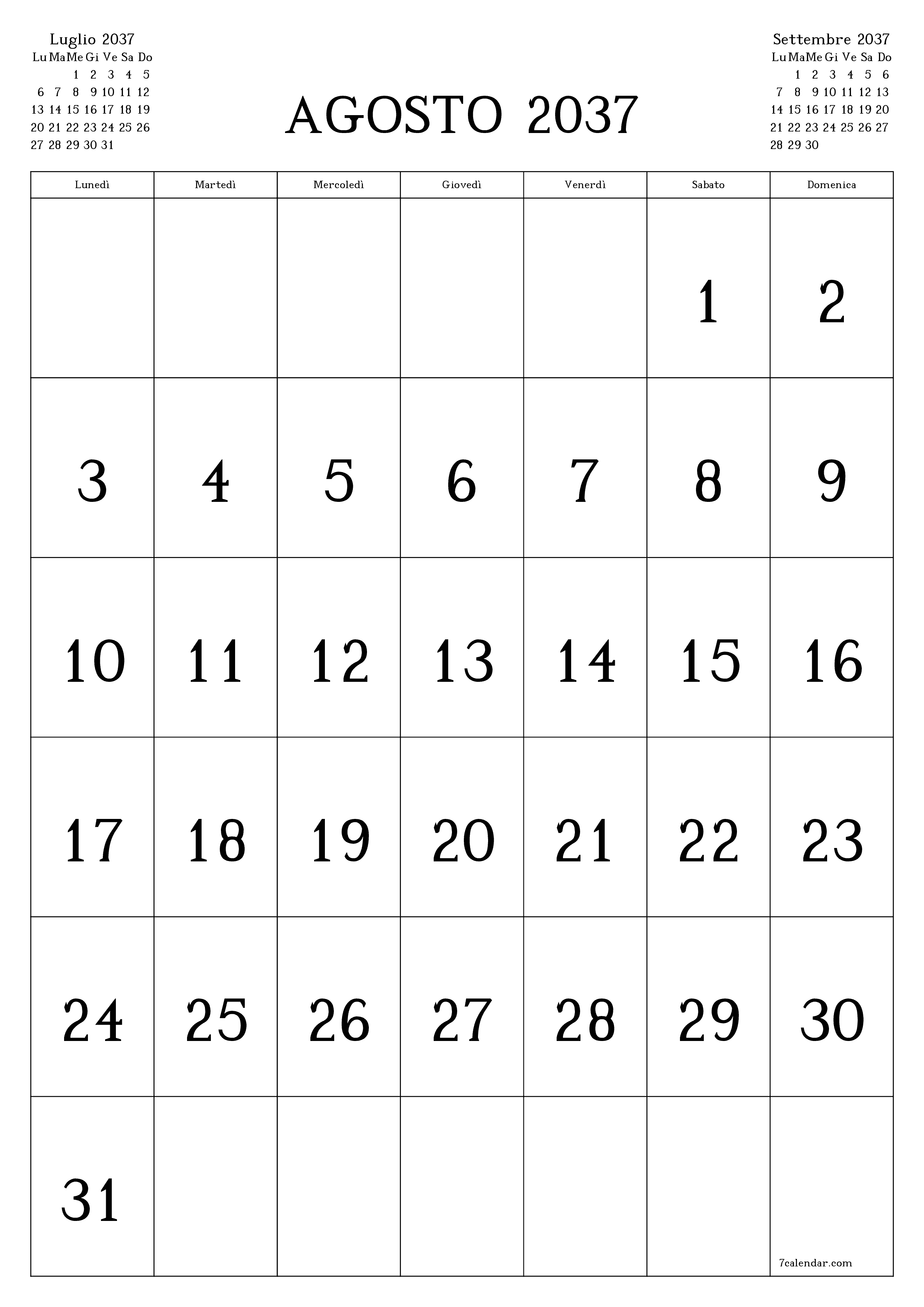 Pianificatore mensile vuoto per il mese Agosto 2037 con note, salva e stampa in PDF PNG Italian