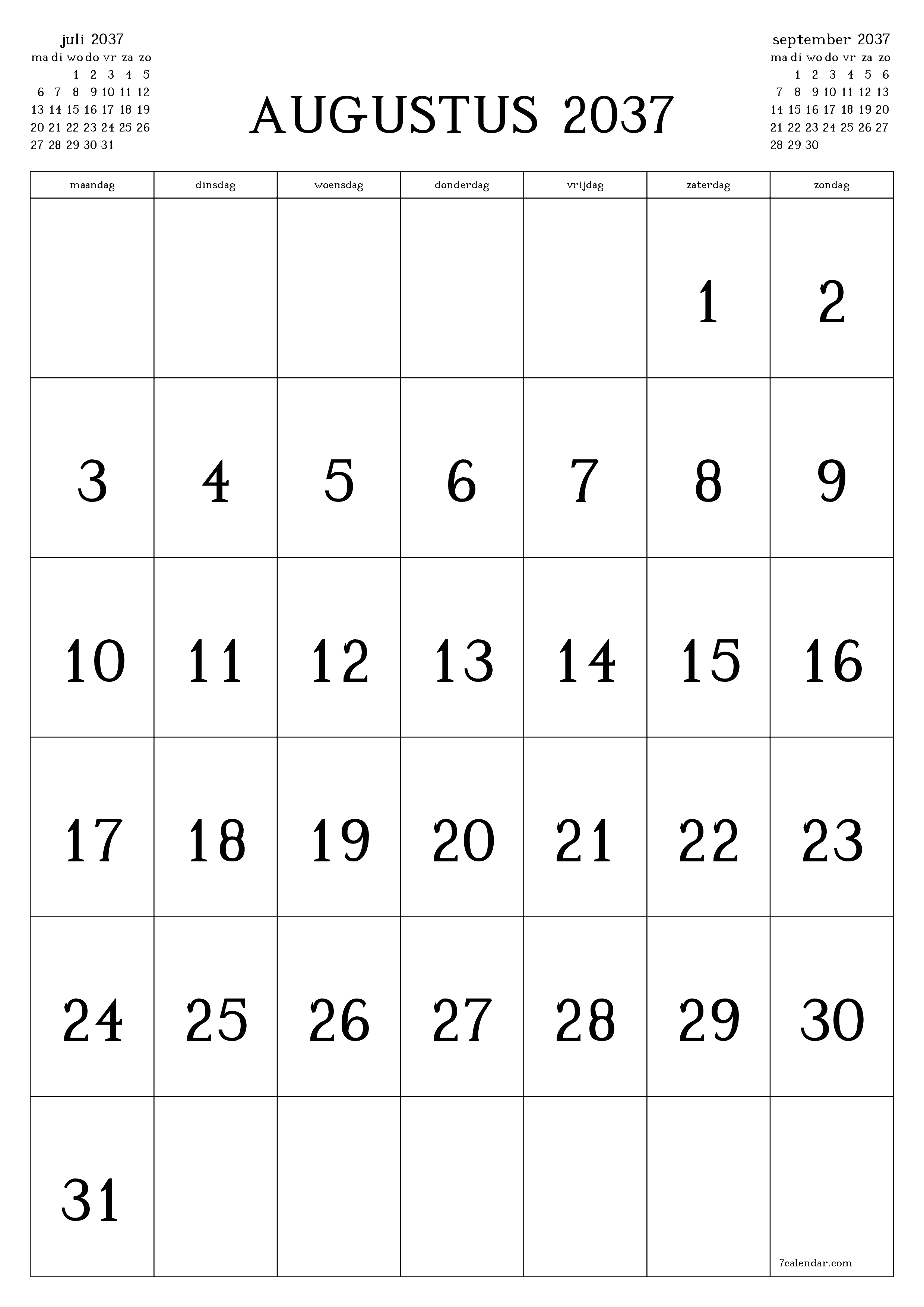 afdrukbare muur sjabloon gratis verticaal Maandelijks kalender augustus (aug) 2037