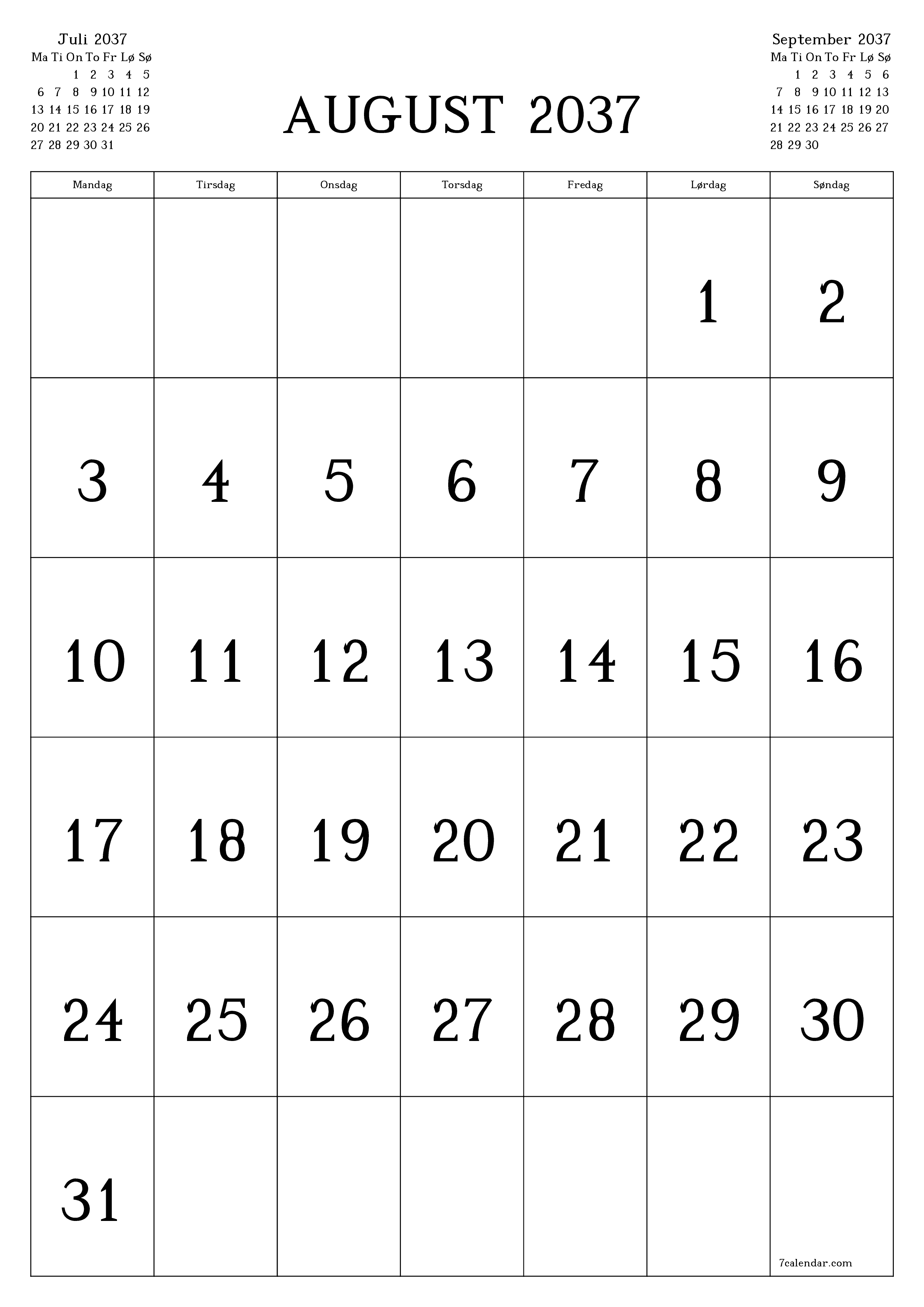 utskrivbar vegg mal gratis vertikal Månedlig kalender August (Aug) 2037
