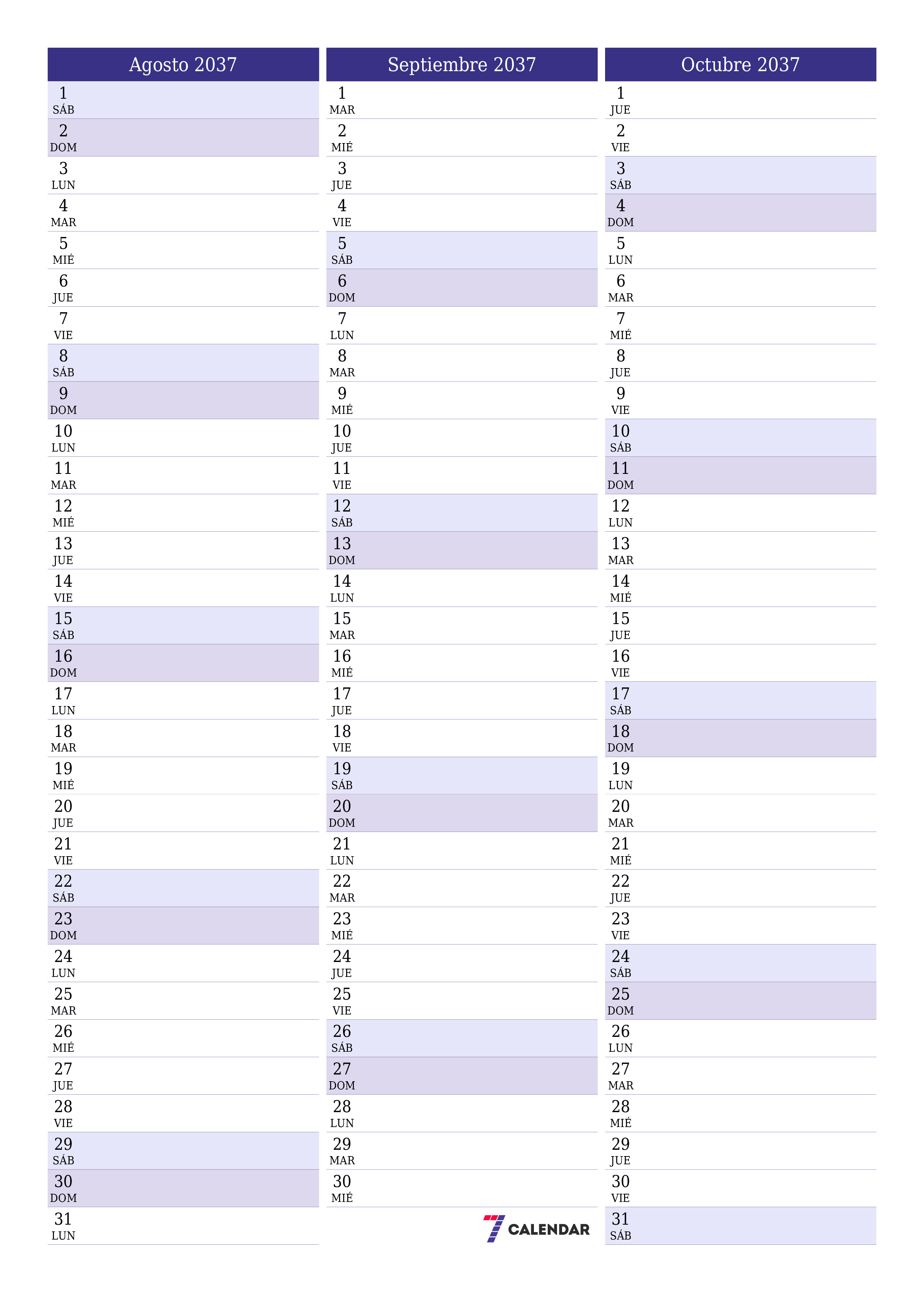  imprimible de pared plantilla de gratisvertical Mensual planificador calendario Agosto (Ago) 2037