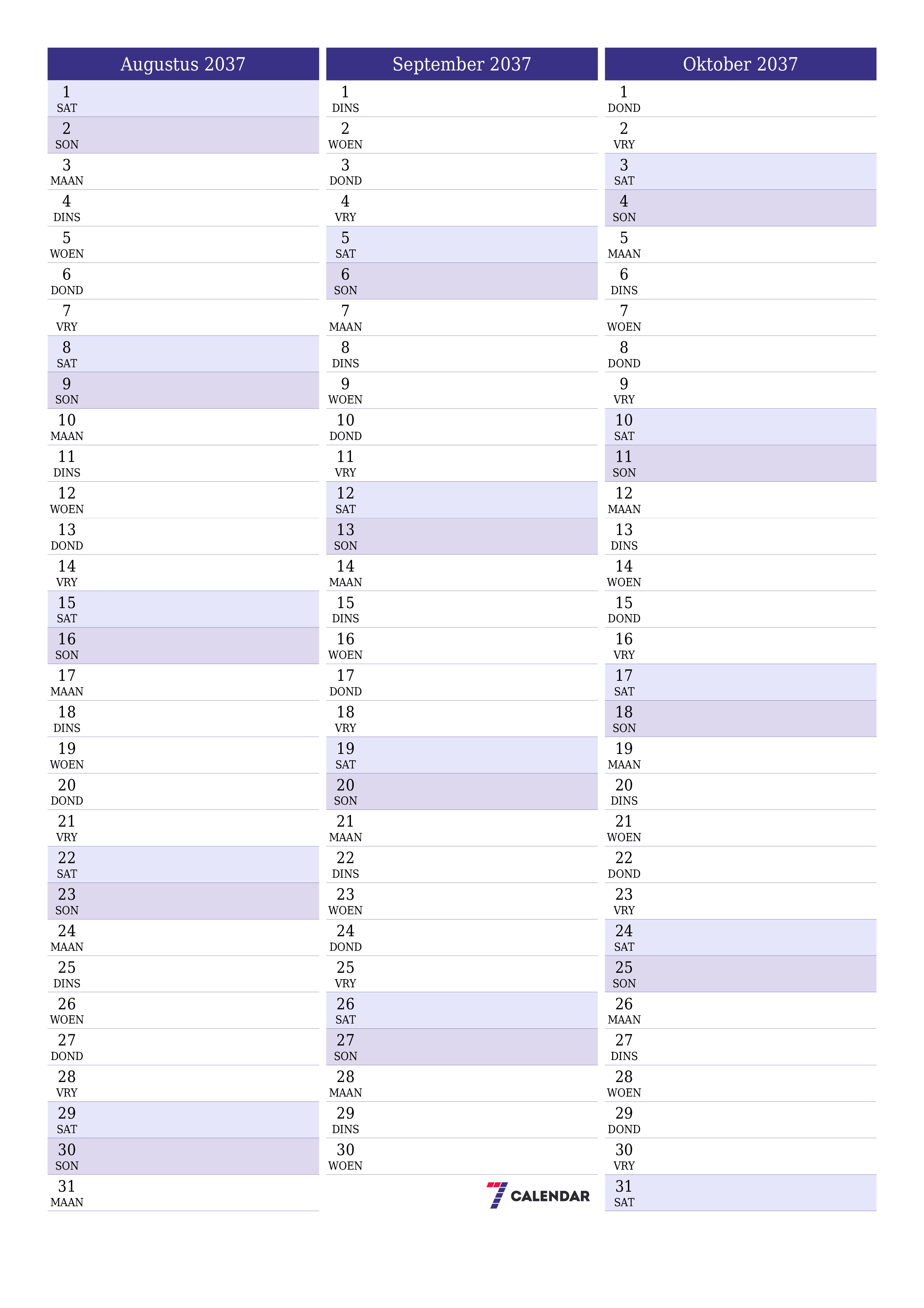Leë maandelikse drukbare kalender en beplanner vir maand Augustus 2037 met notas stoor en druk na PDF PNG Afrikaans