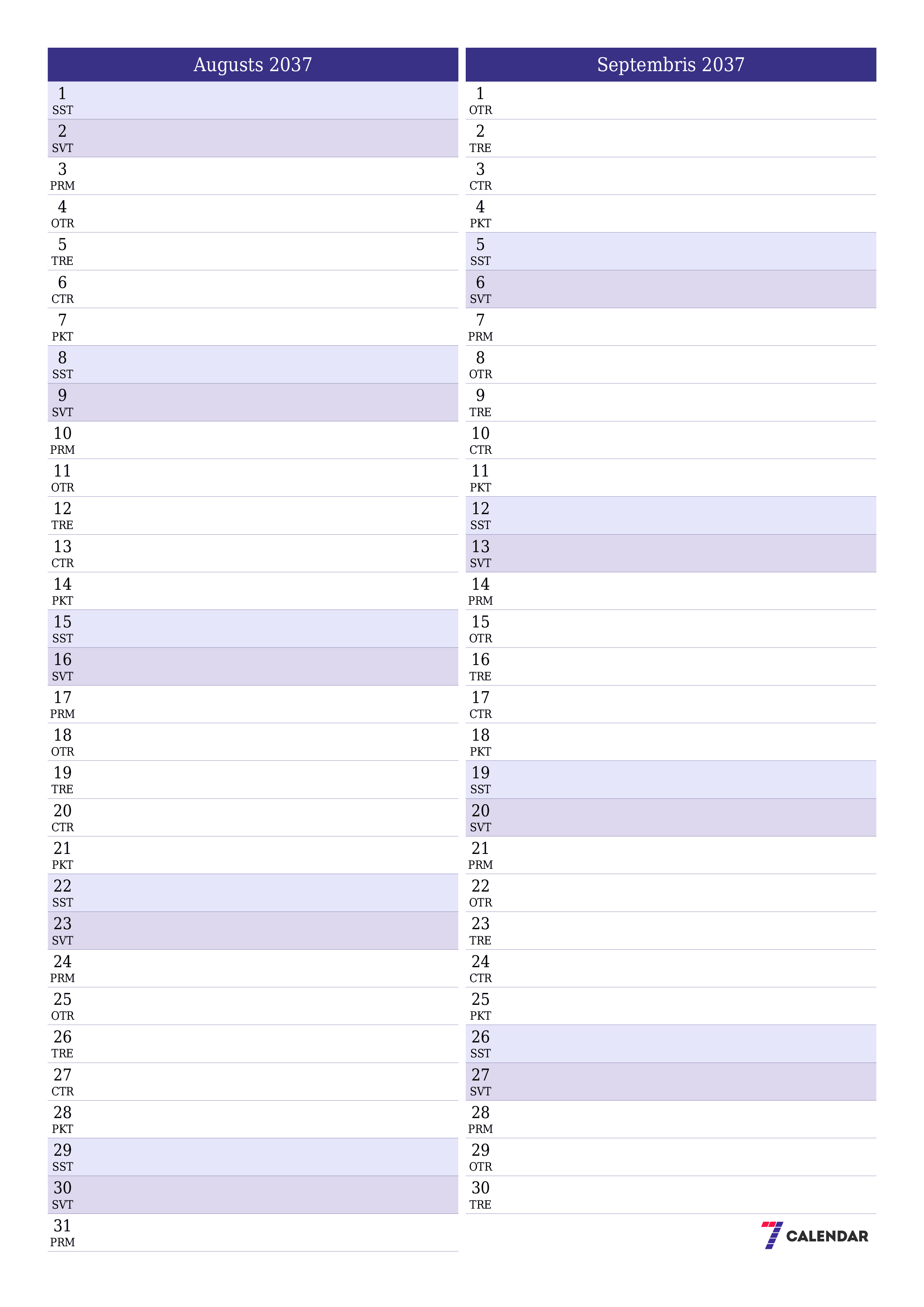 izdrukājams sienas kalendāra veidne bezmaksas vertikāli Mēneša plānotājs kalendārs Augusts (Aug) 2037