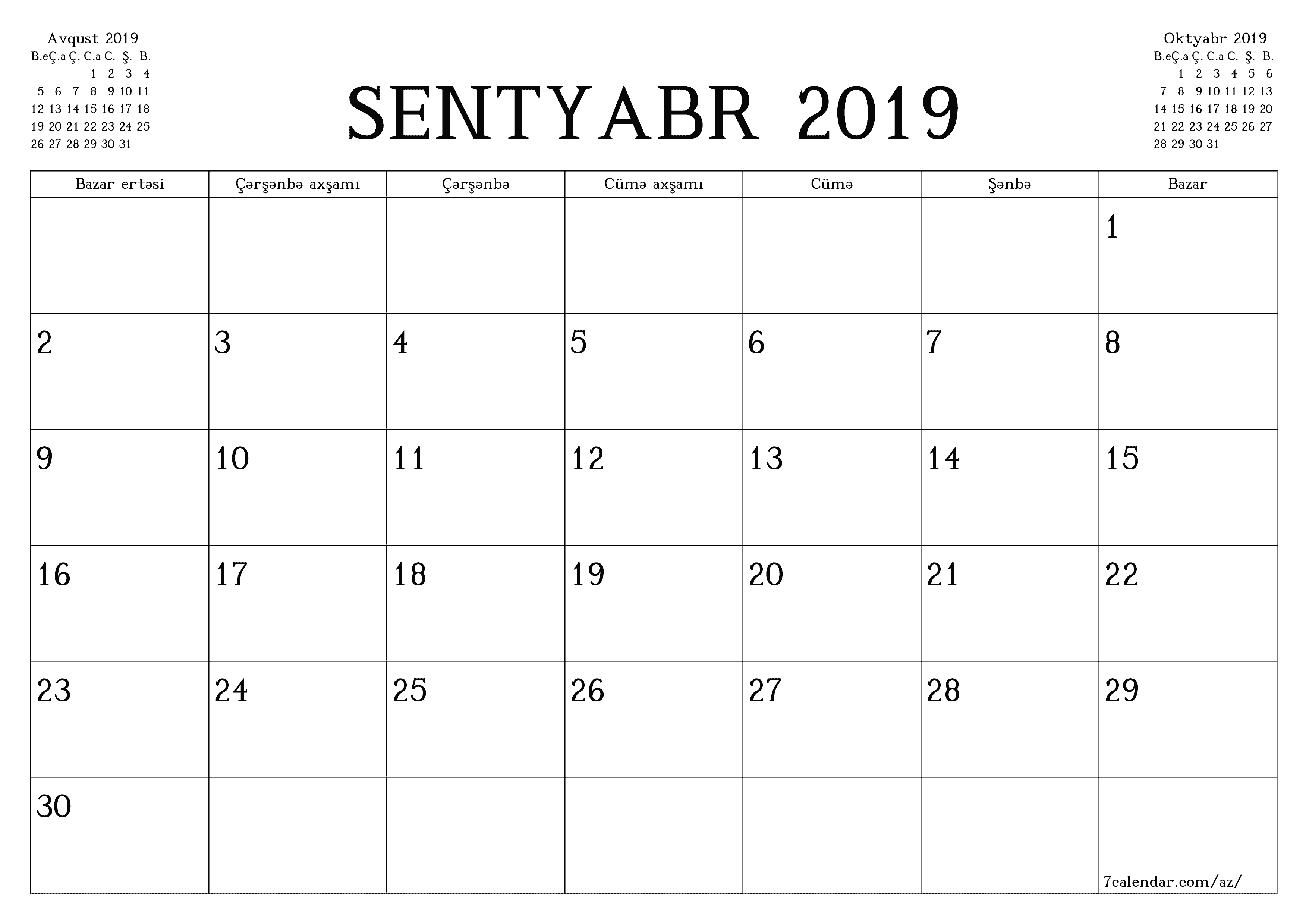 çap edilə bilən divar i şablonu pulsuz üfüqi Aylıq planlaşdırıcı təqvim Sentyabr (Sen) 2019