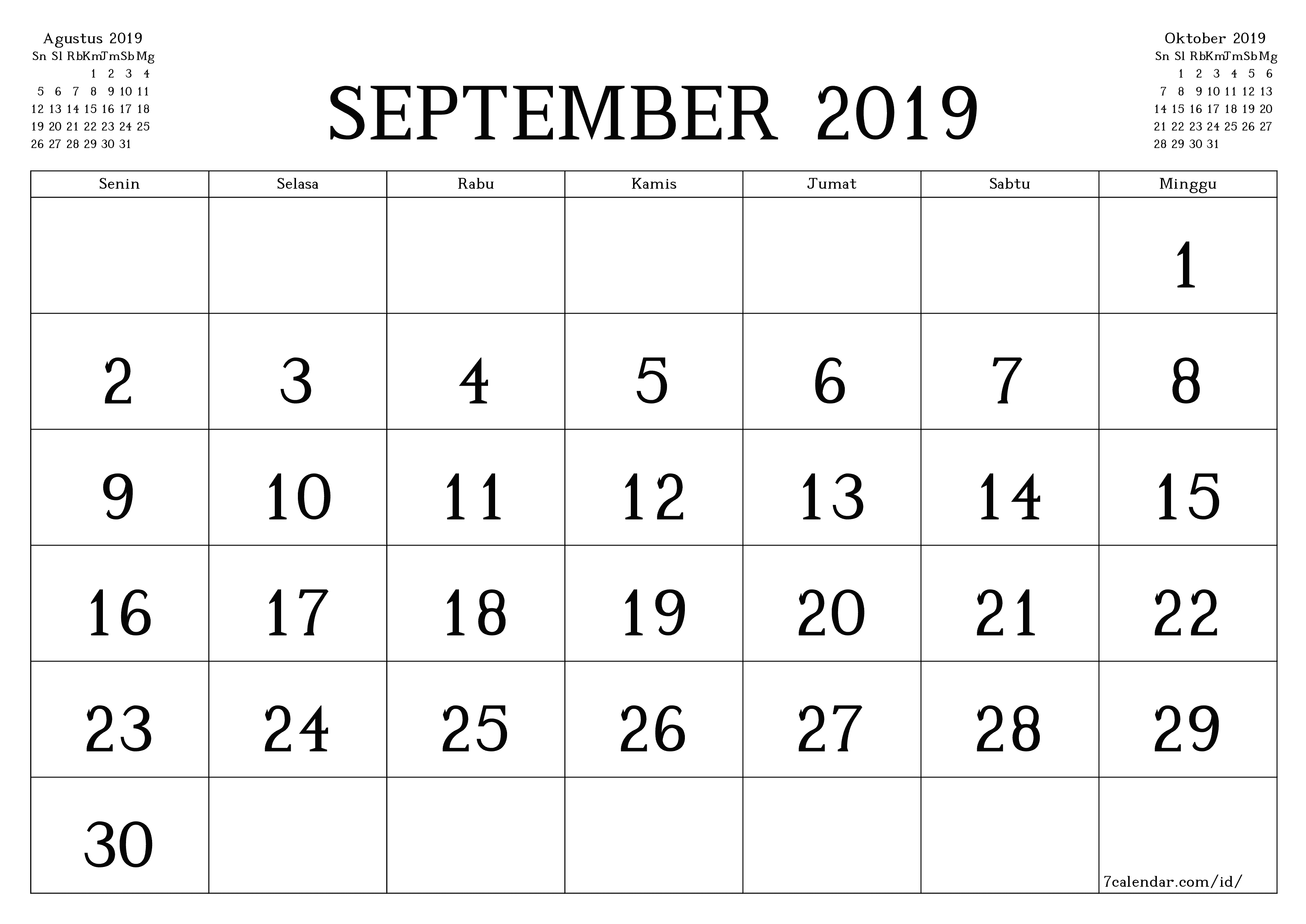 Kosongkan agenda bulanan untuk bulan September 2019 dengan catatan, simpan dan cetak ke PDF PNG Indonesian