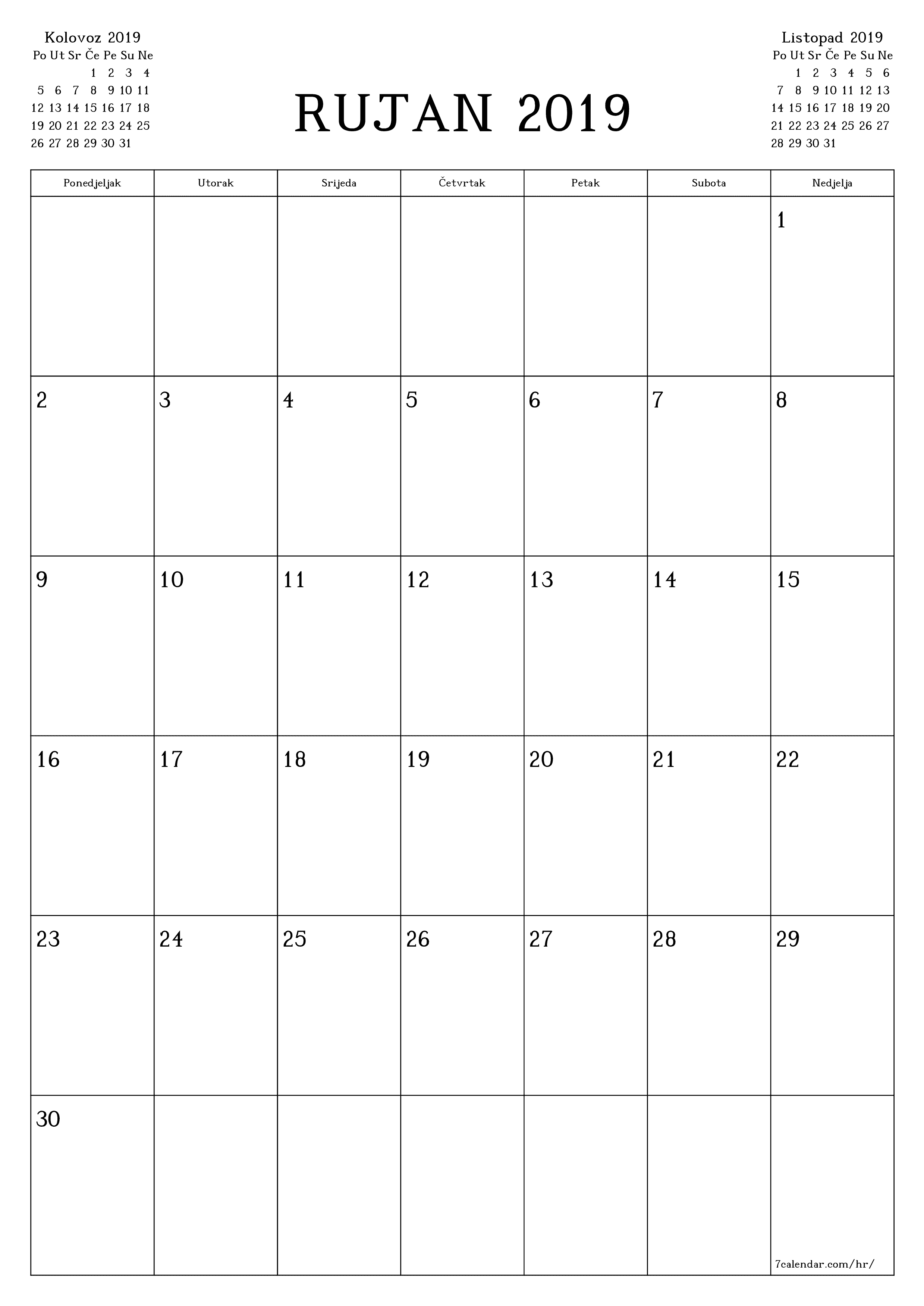  za ispis zidni predložak a besplatni okomito Mjesečni planer kalendar Rujan (Ruj) 2019