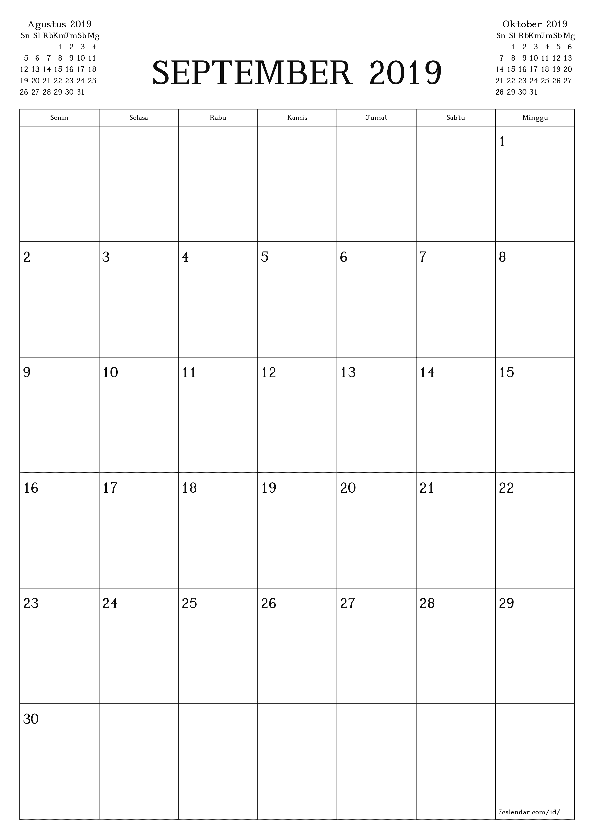  yang dapat dicetak dinding templat gratisvertikal Bulanan perencana kalender September (Sep) 2019