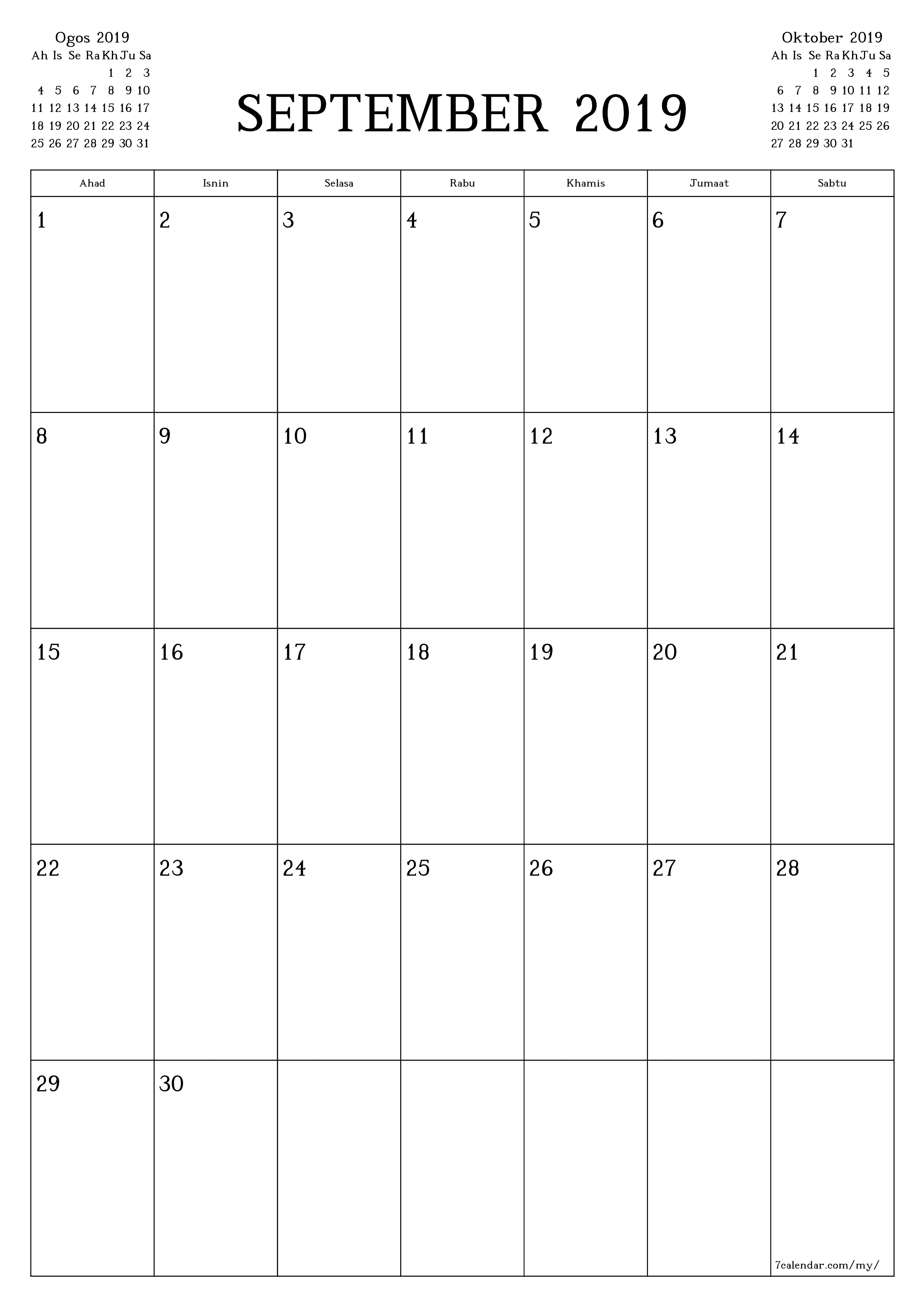 Perancang bulanan kosong untuk bulan September 2019 dengan nota, simpan dan cetak ke PDF PNG Malay