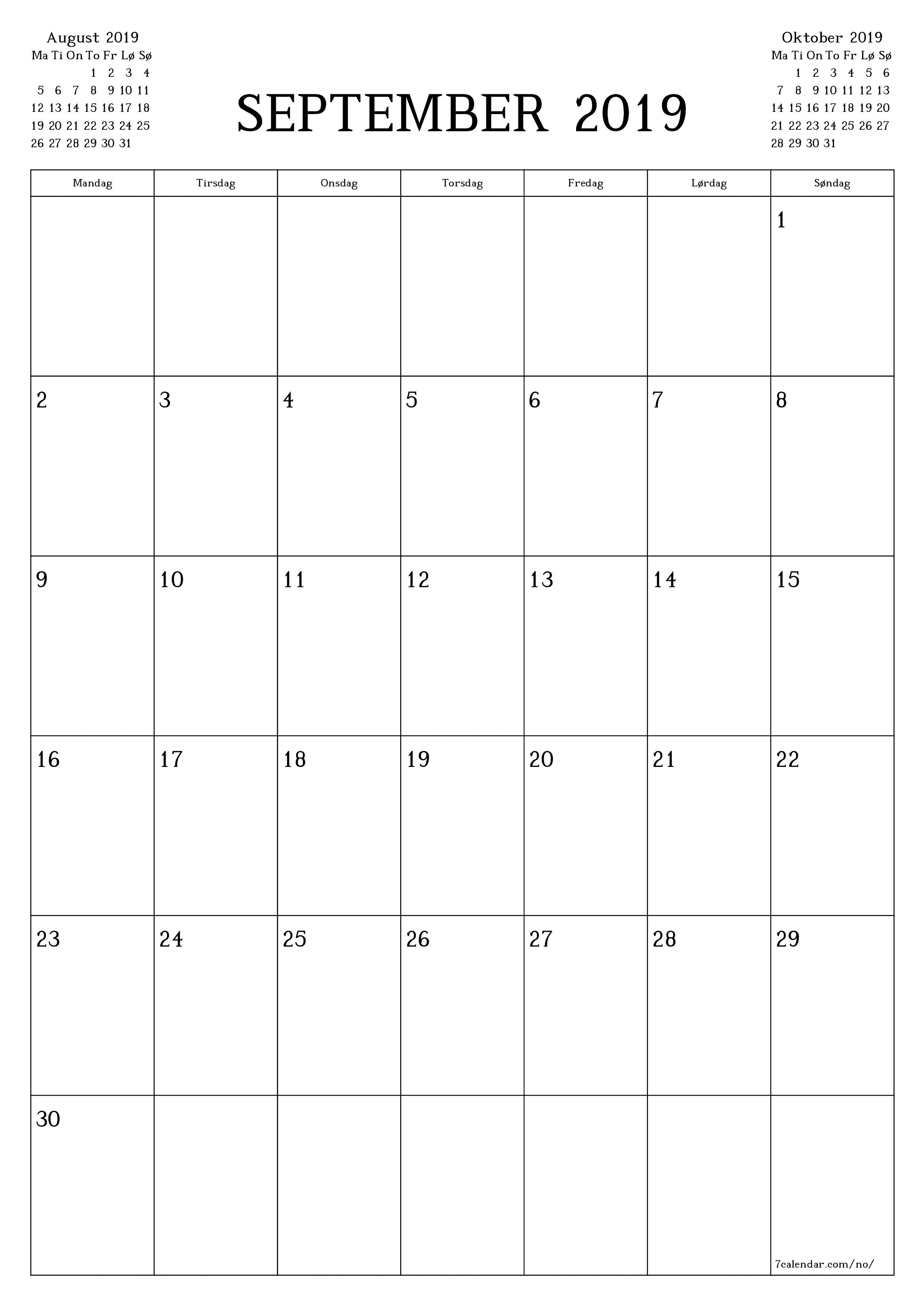 utskrivbar vegg mal gratis vertikal Månedlig planlegger kalender September (Sep) 2019
