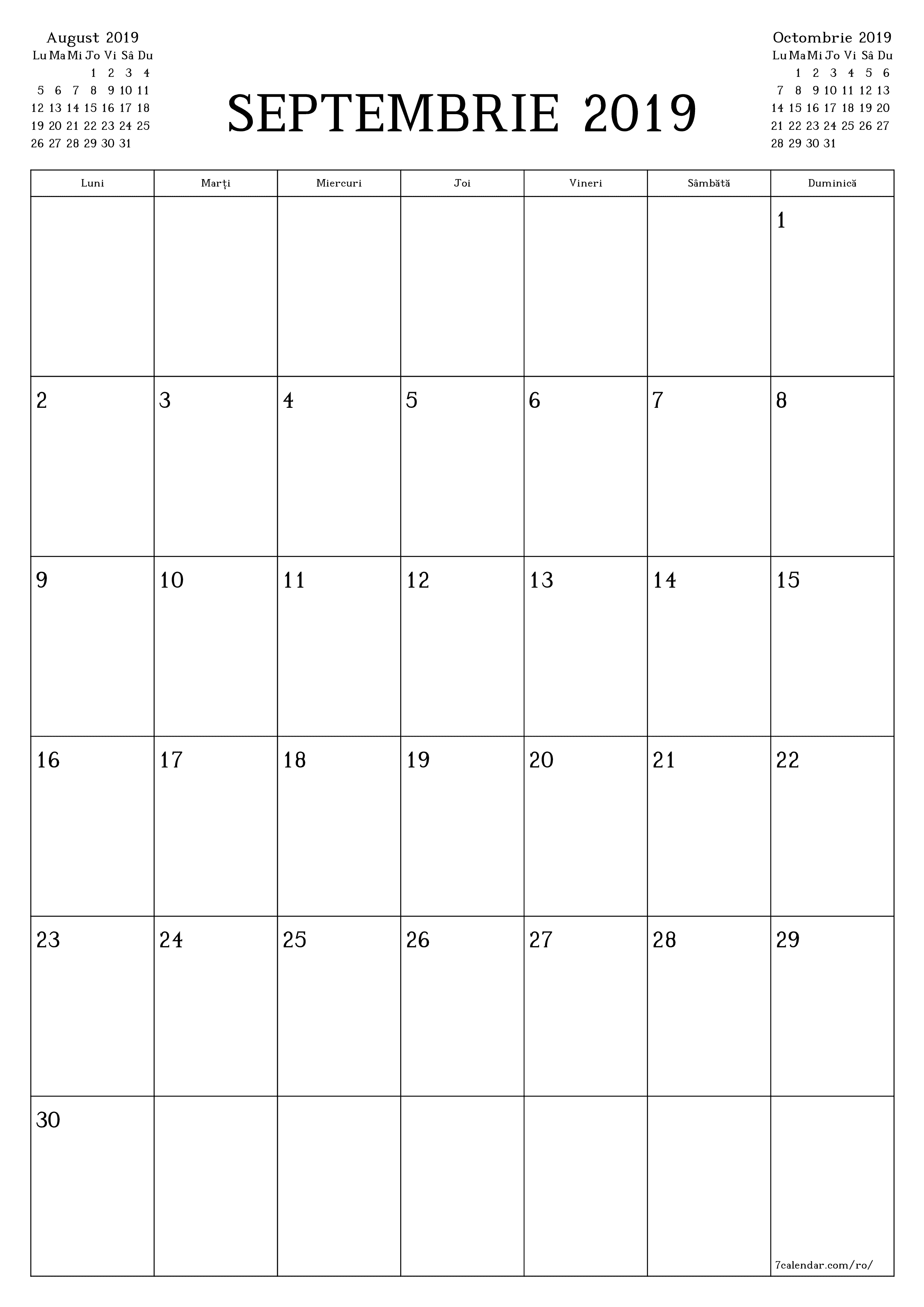  imprimabil de perete șablon de gratuitvertical Lunar planificator calendar Septembrie (Sep) 2019