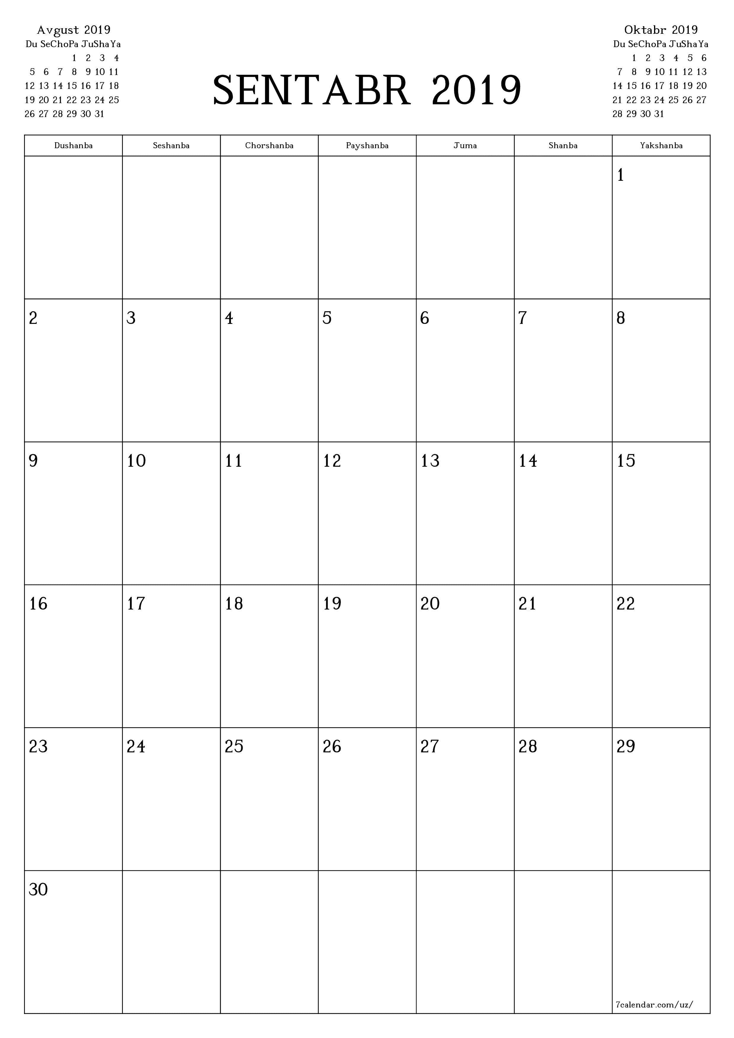 chop etiladigan devor taqvimi shabloni bepul vertikal Oylik rejalashtiruvchi kalendar Sentabr (Sen) 2019