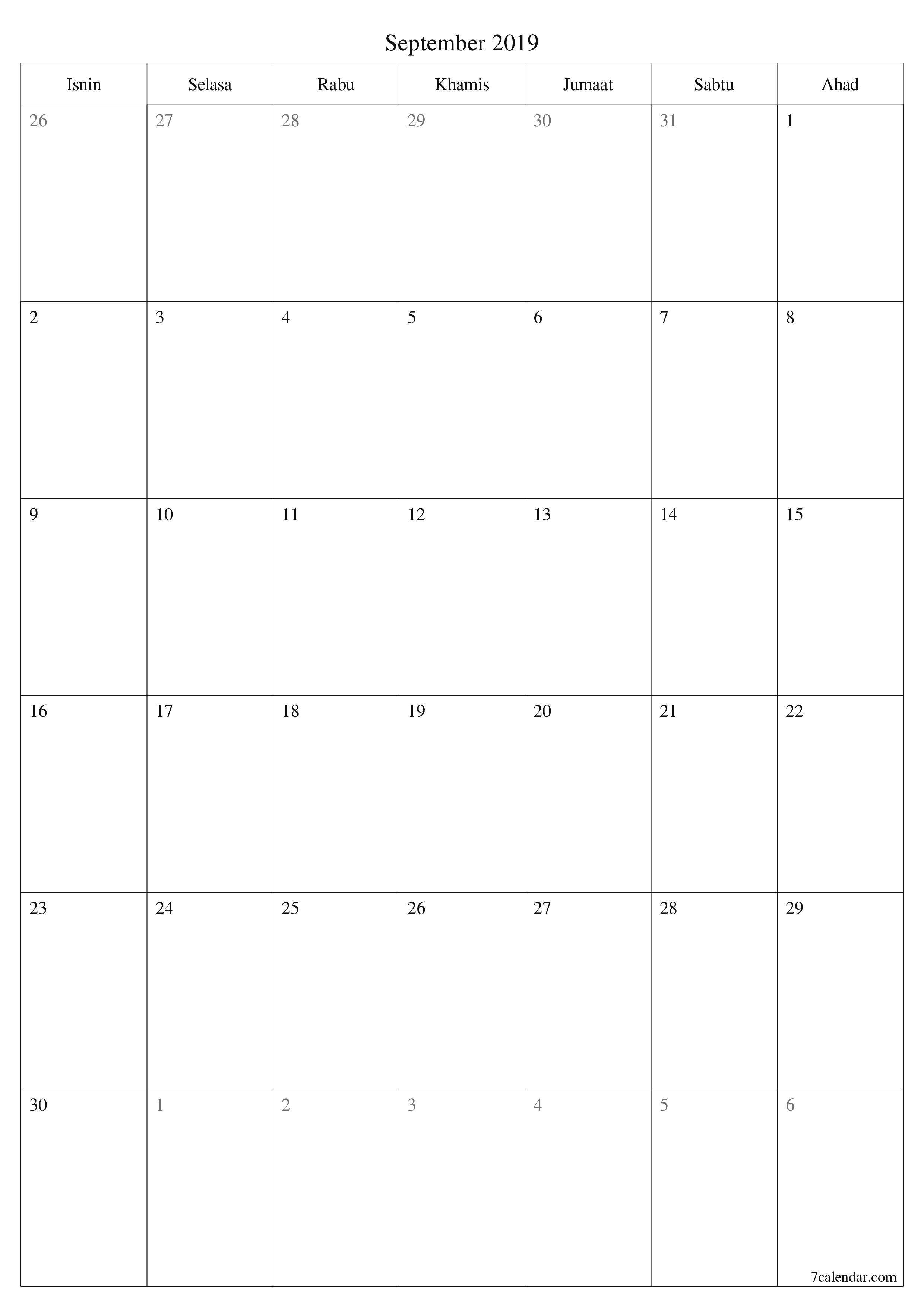 Perancang bulanan kosong untuk bulan September 2019 dengan nota, simpan dan cetak ke PDF PNG Malay