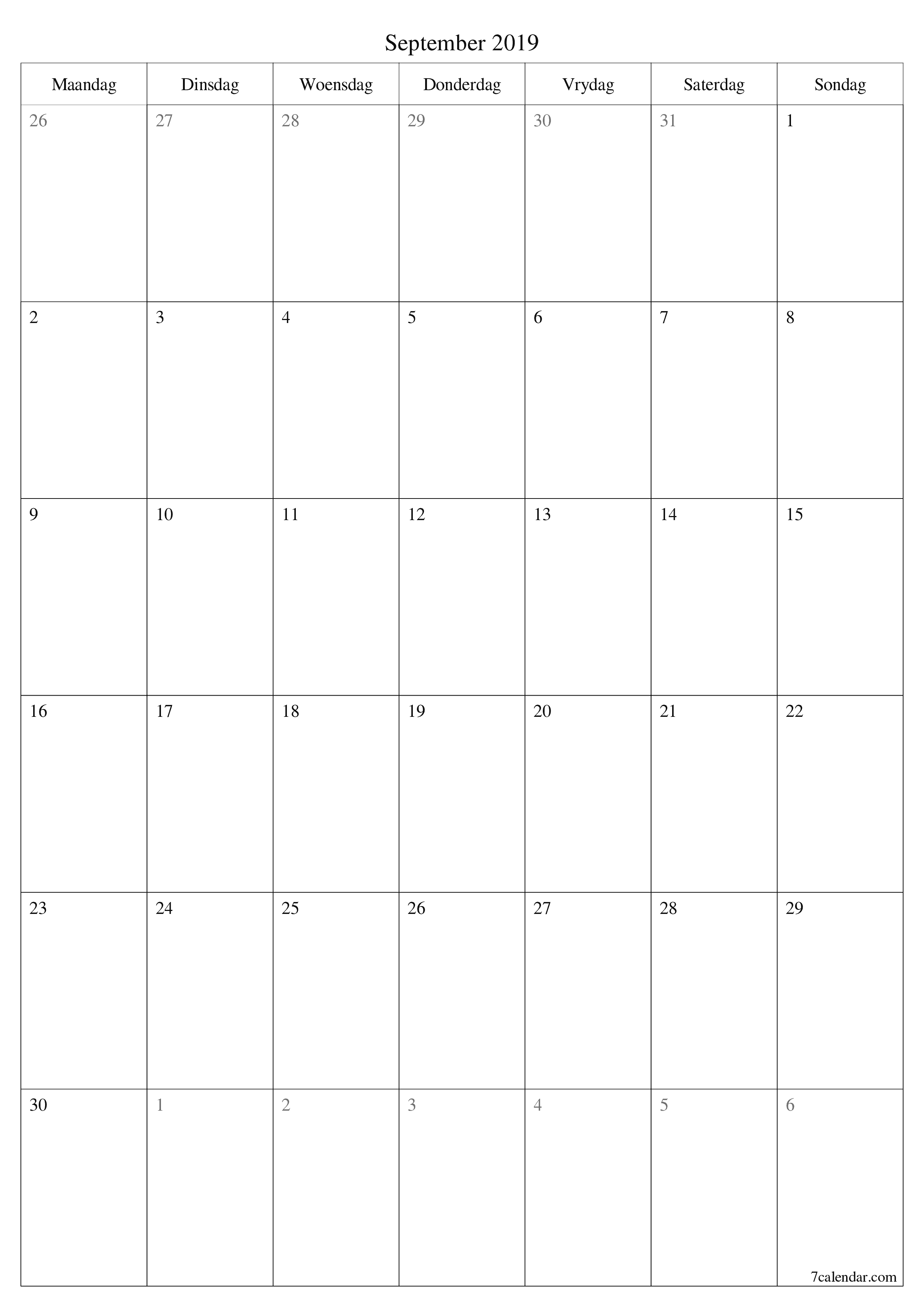 Leë maandelikse drukbare kalender en beplanner vir maand September 2019 met notas stoor en druk na PDF PNG Afrikaans