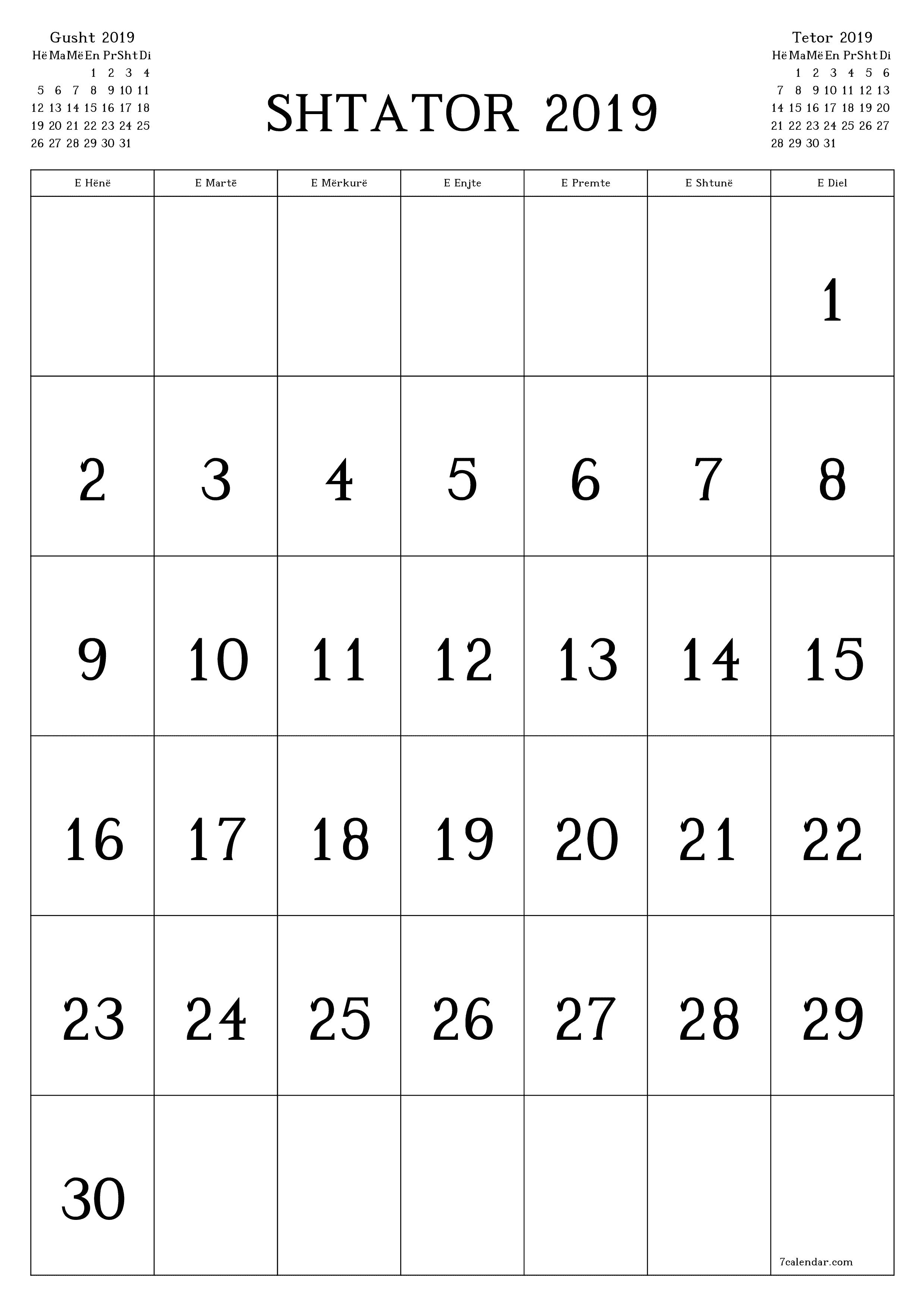  i printueshëm muri shabllon falasvertikale mujore kalendar Shtator (Sht) 2019