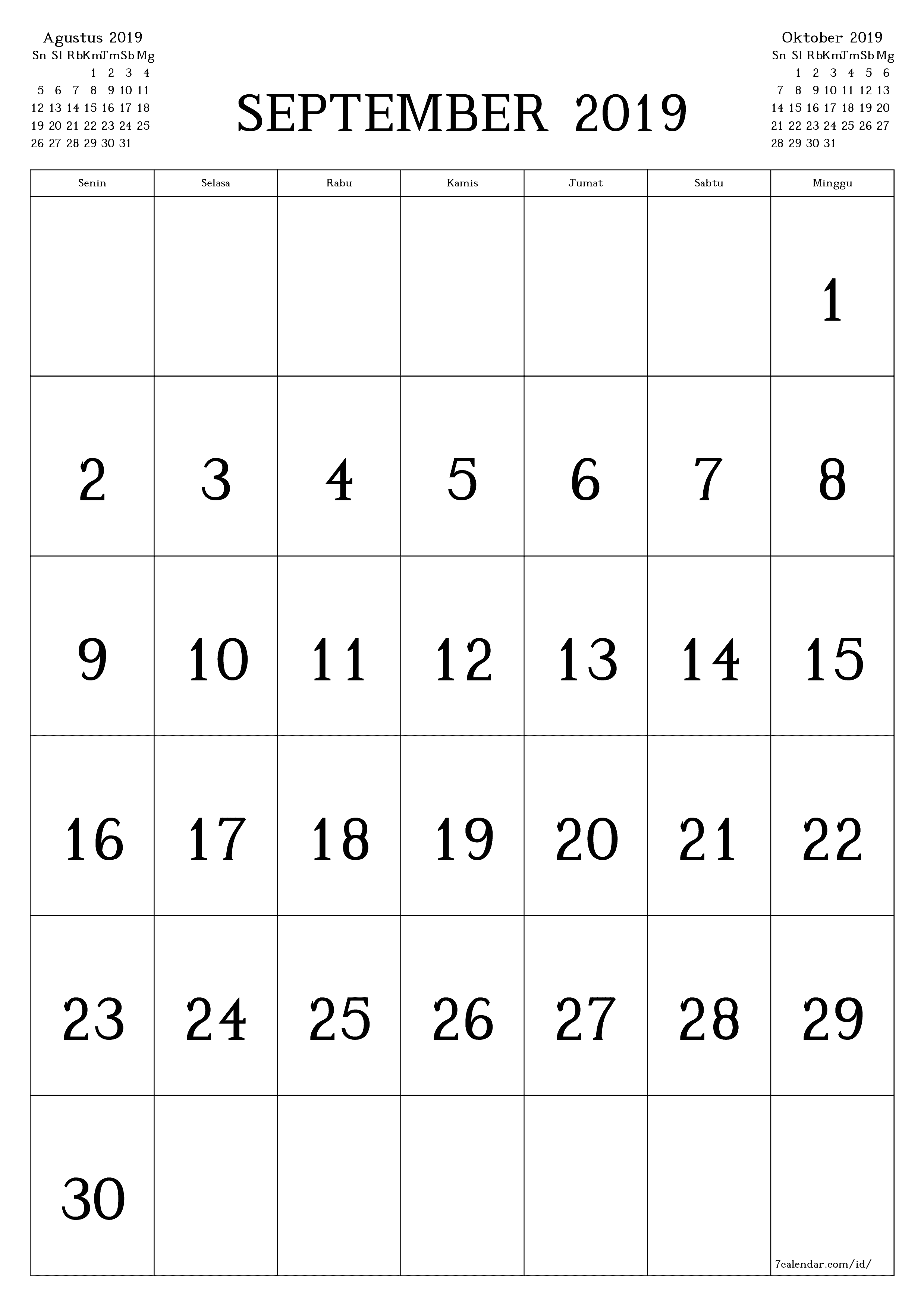  yang dapat dicetak dinding templat gratisvertikal Bulanan kalender September (Sep) 2019