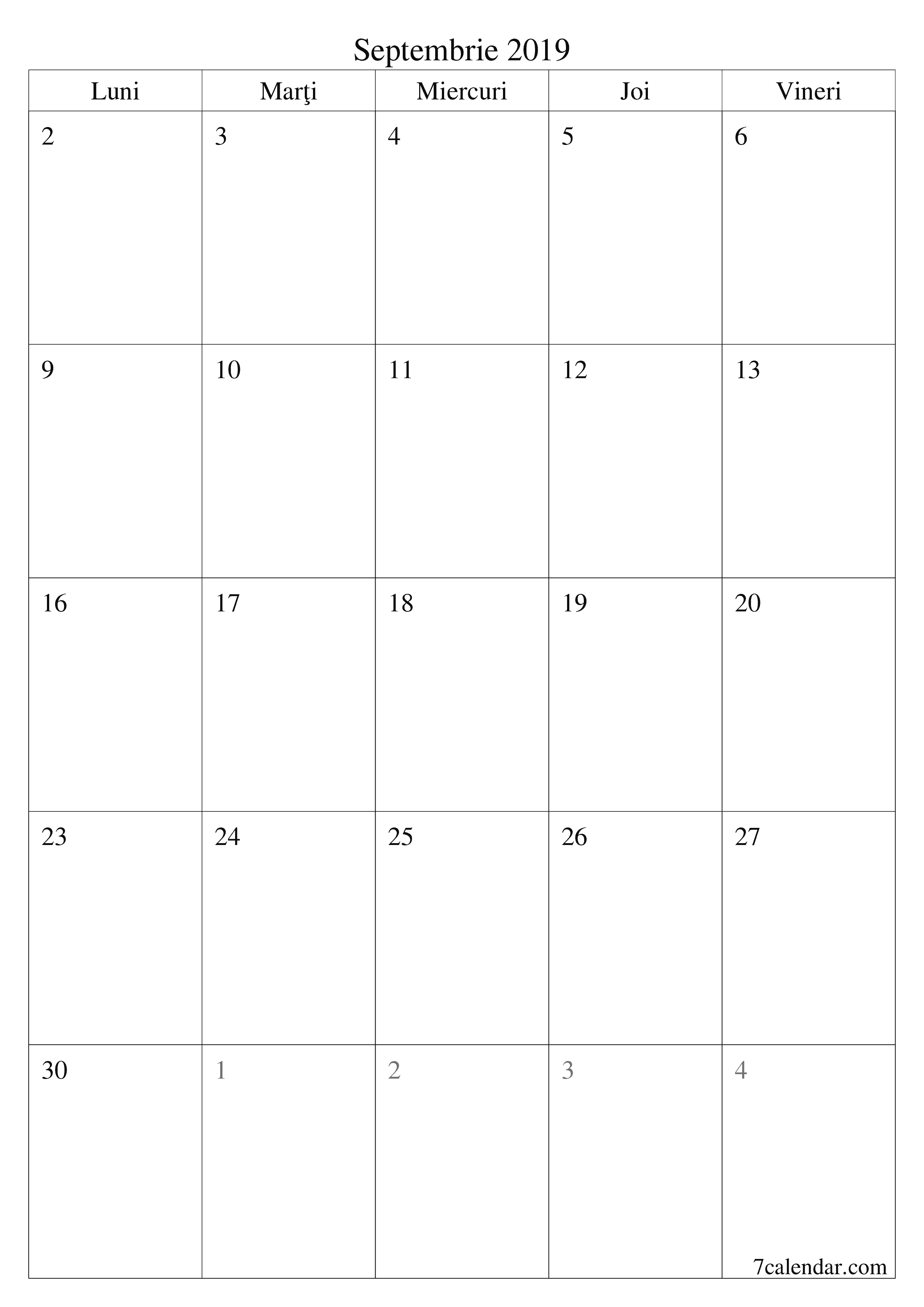  imprimabil de perete șablon de gratuitvertical Lunar planificator calendar Septembrie (Sep) 2019
