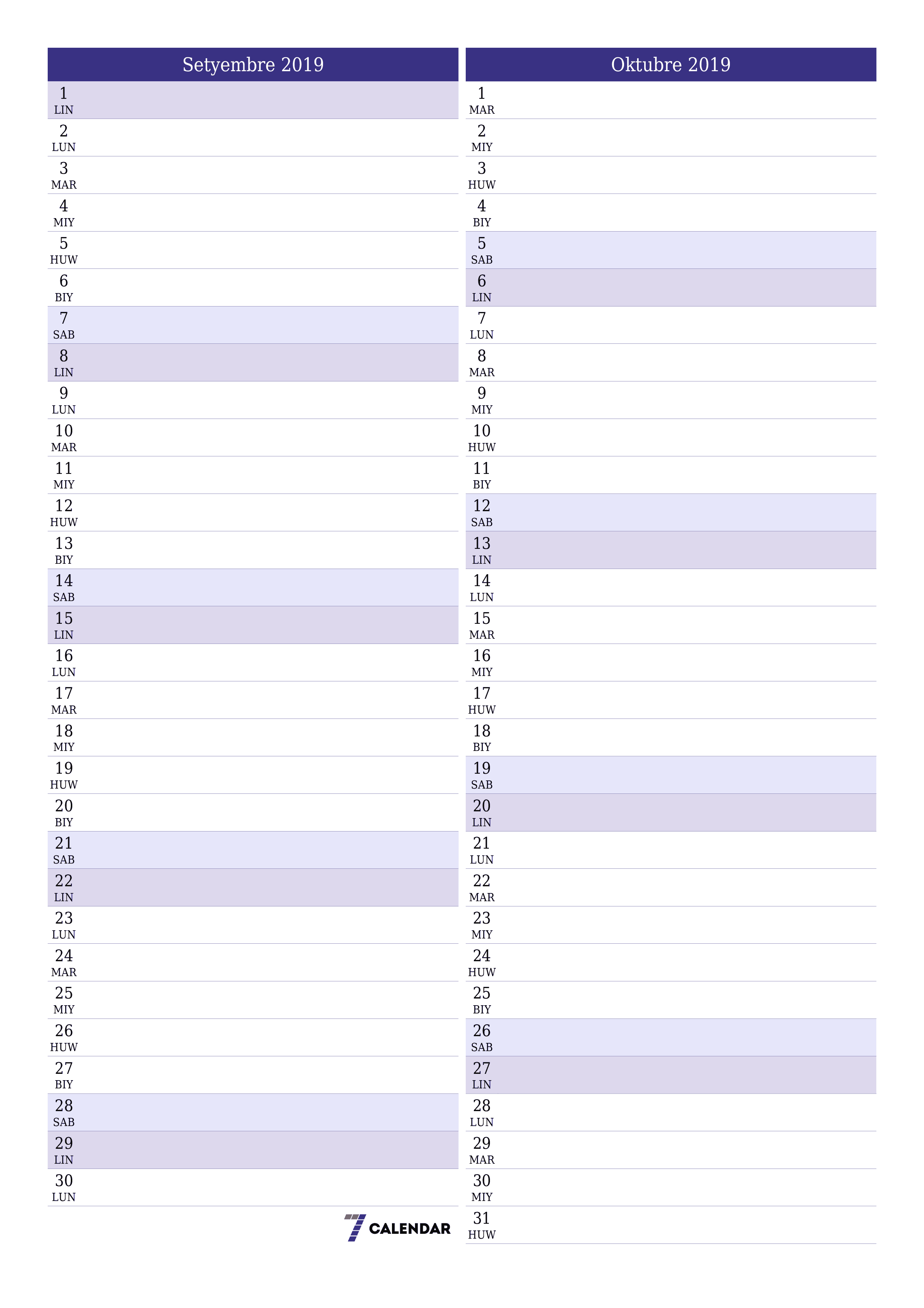 napi-print na sa dingding template ng libreng patayo Buwanang tagaplano kalendaryo Setyembre (Set) 2019