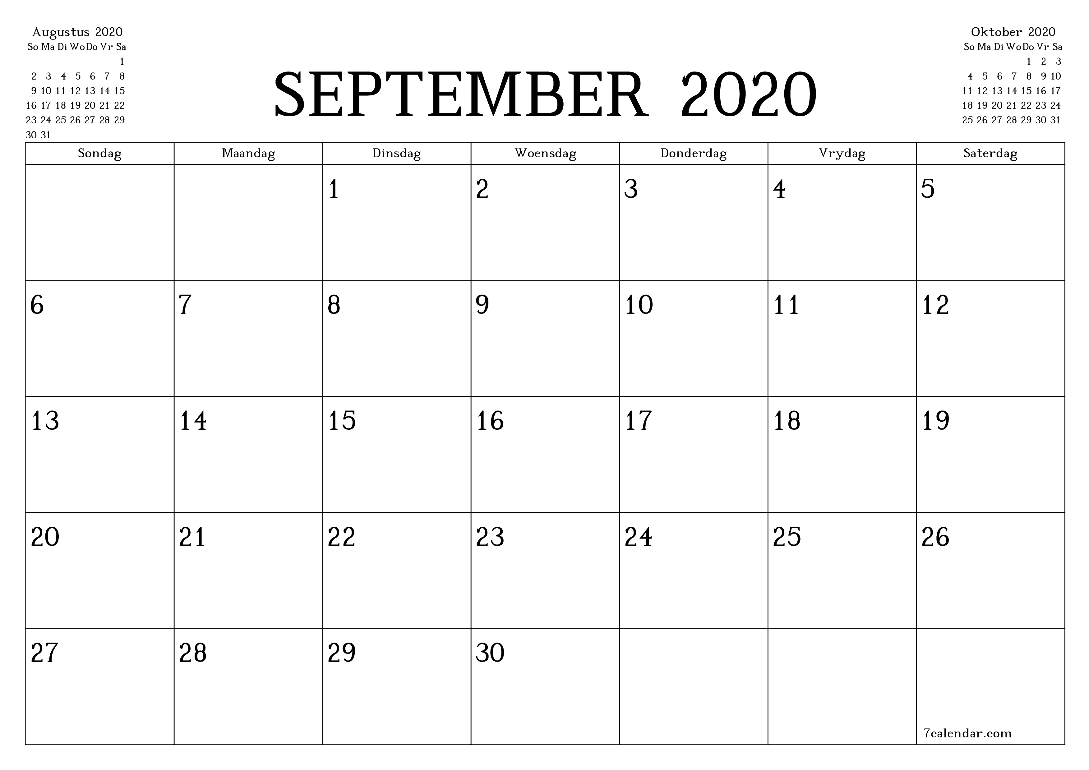 drukbare muur template gratis horisontaal Maandeliks beplanner kalender September (Sep) 2020