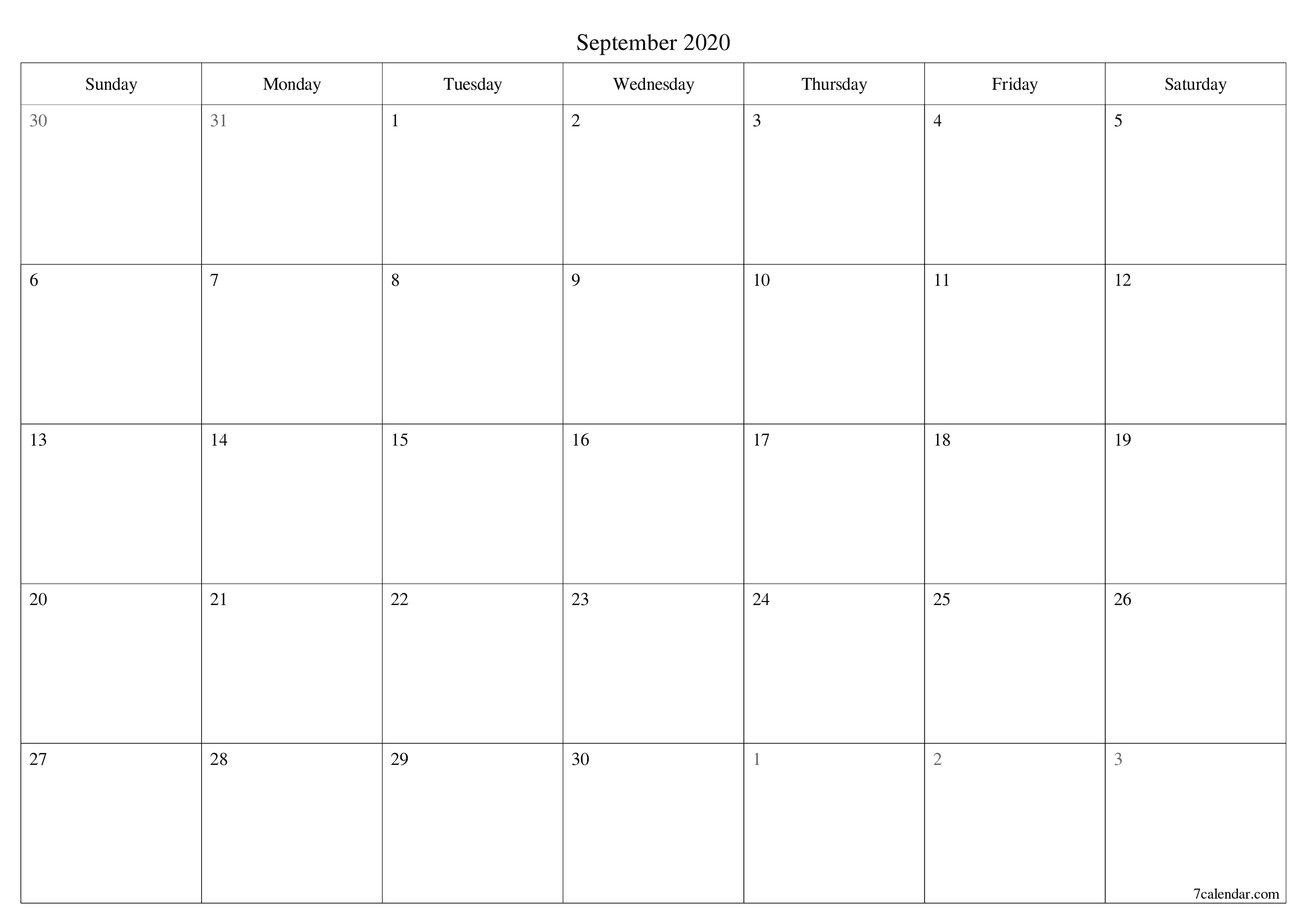 printable wall template free horizontal Monthly planner calendar September (Sep) 2020