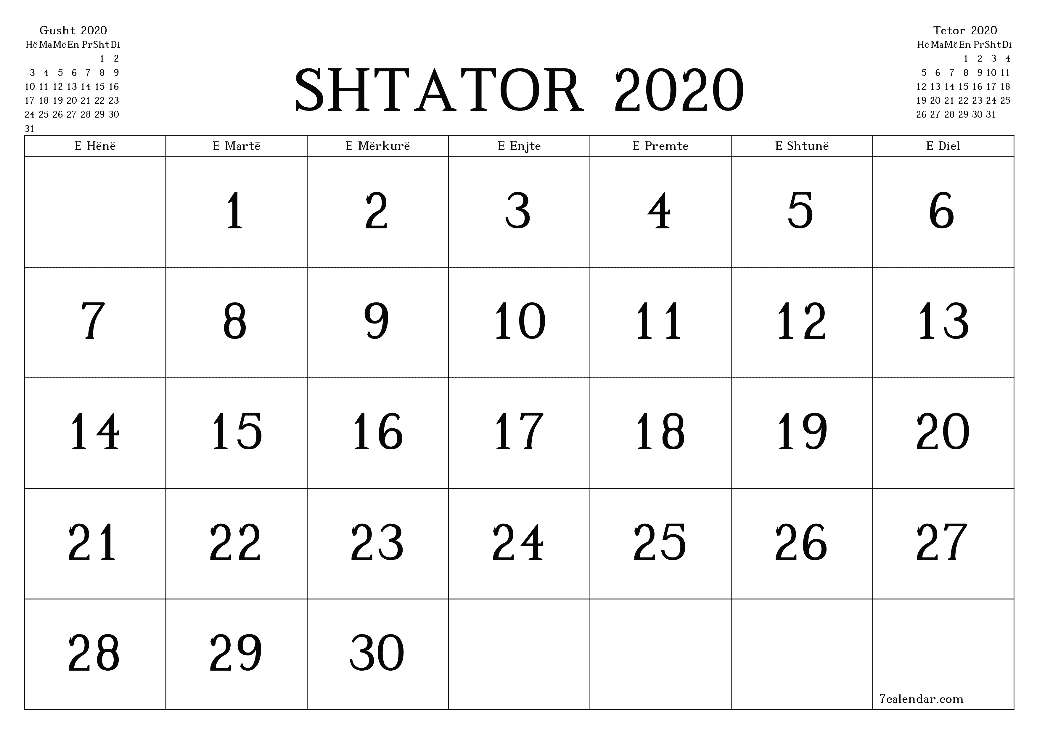  i printueshëm muri shabllon falashorizontale mujore kalendar Shtator (Sht) 2020