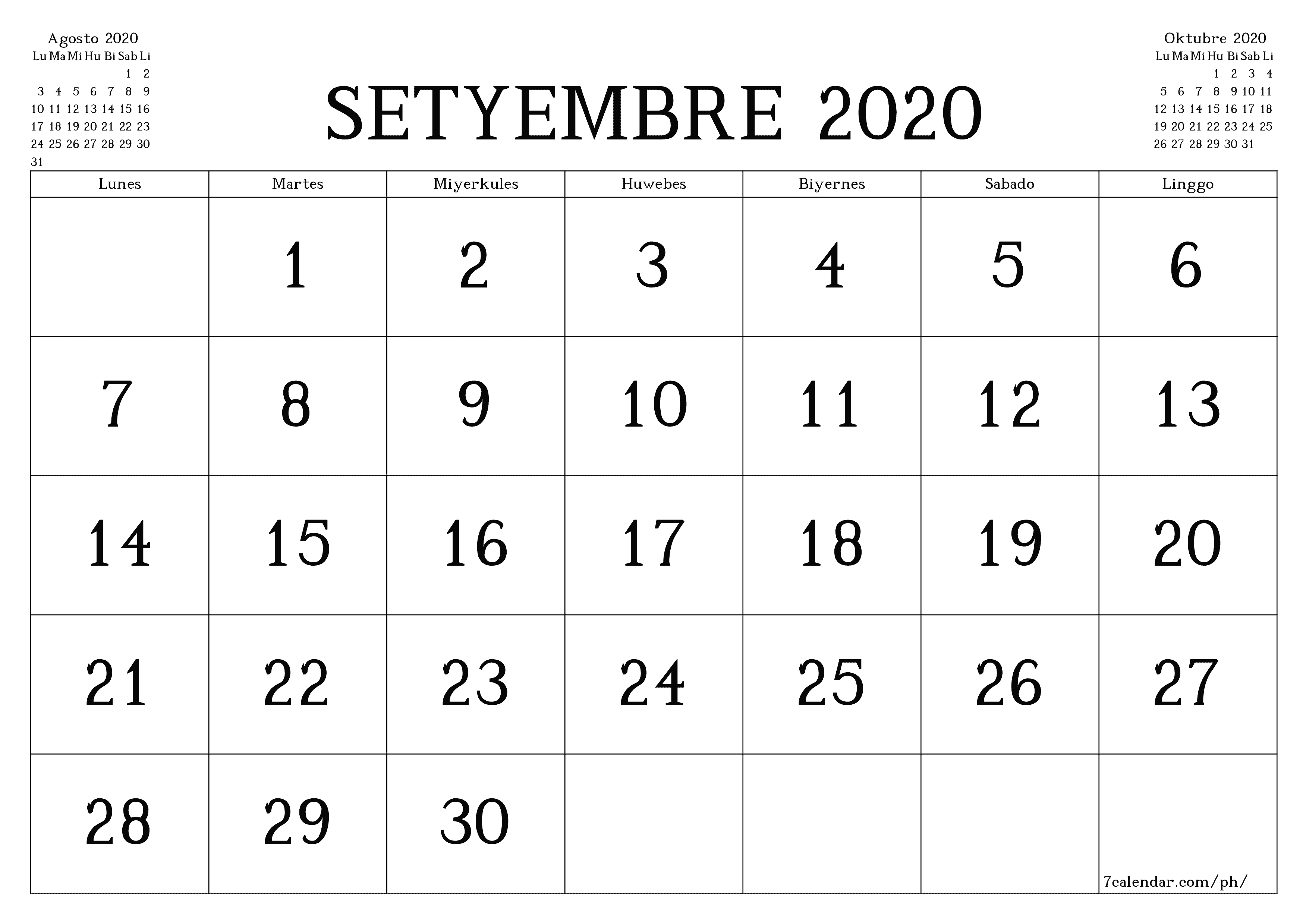 napi-print na sa dingding template ng libreng pahalang Buwanang kalendaryo Setyembre (Set) 2020