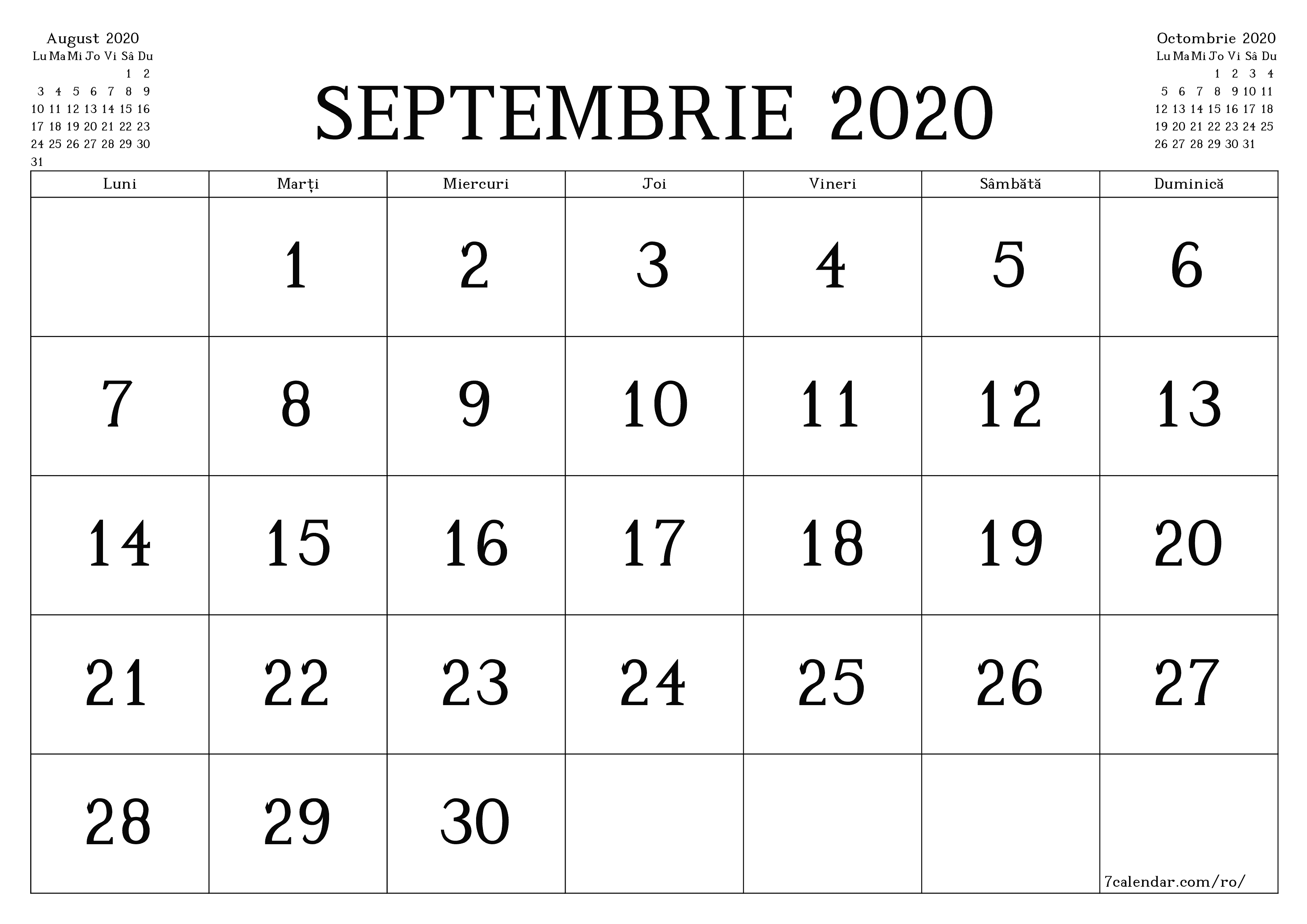  imprimabil de perete șablon de gratuitorizontală Lunar calendar Septembrie (Sep) 2020