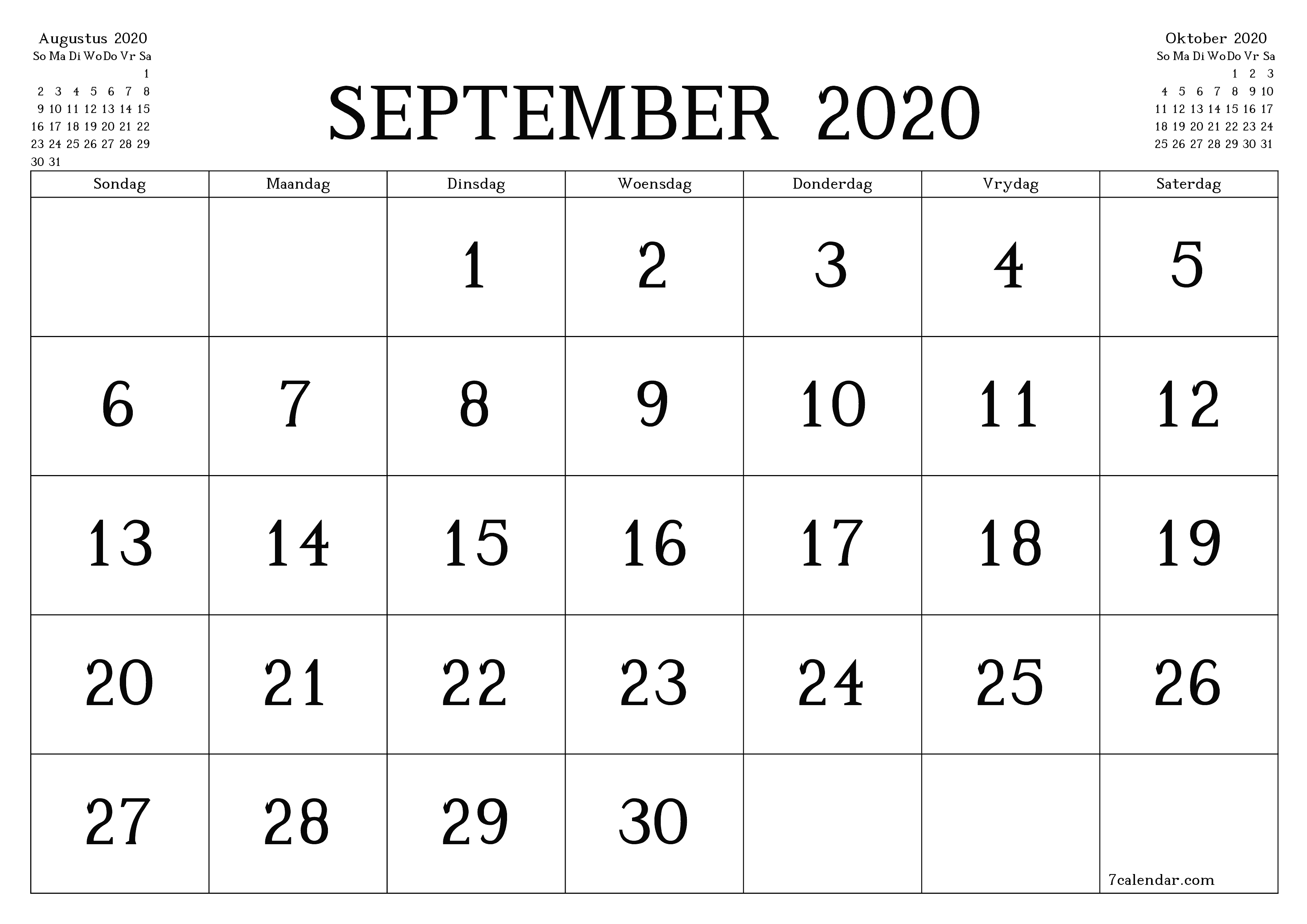 drukbare muur template gratis horisontaal Maandeliks kalender September (Sep) 2020