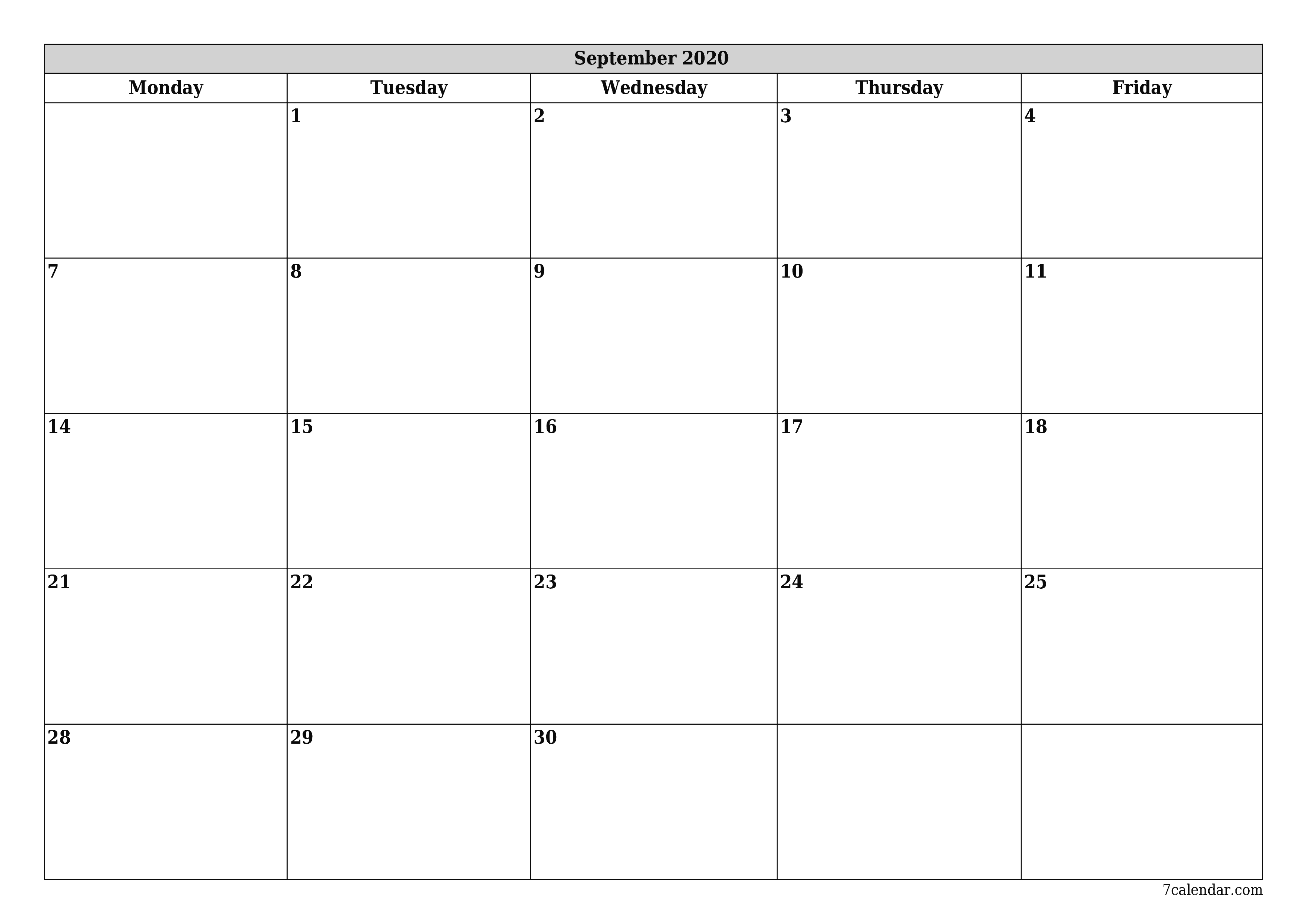 printable wall template free horizontal Monthly planner calendar September (Sep) 2020