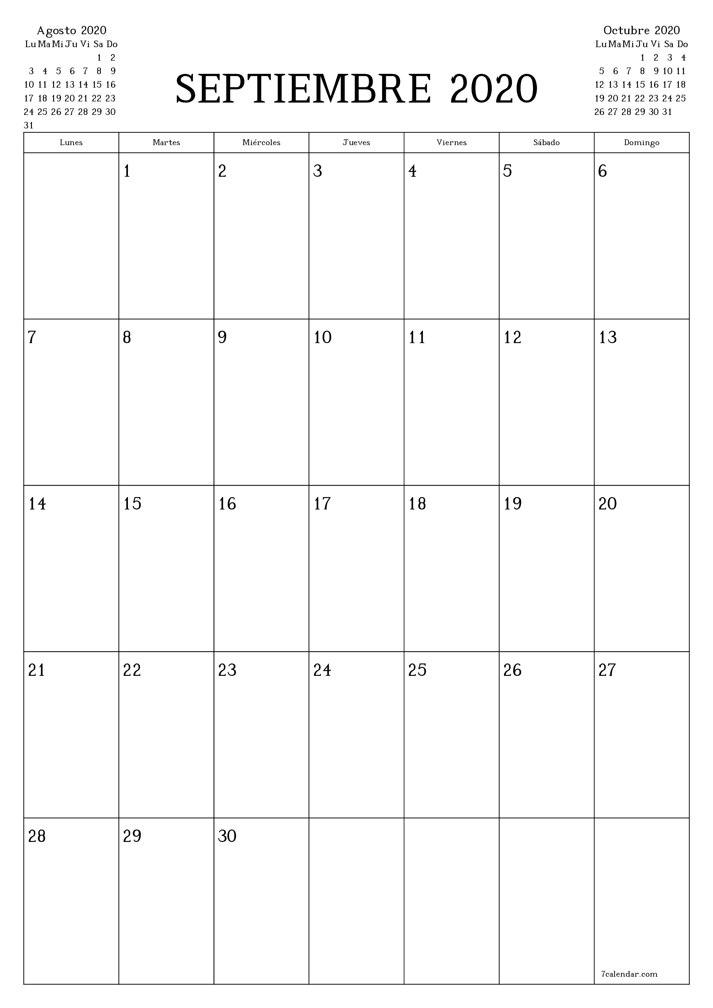 Planificador mensual vacío para el mes Septiembre 2020 con notas, guardar e imprimir en PDF PNG Spanish