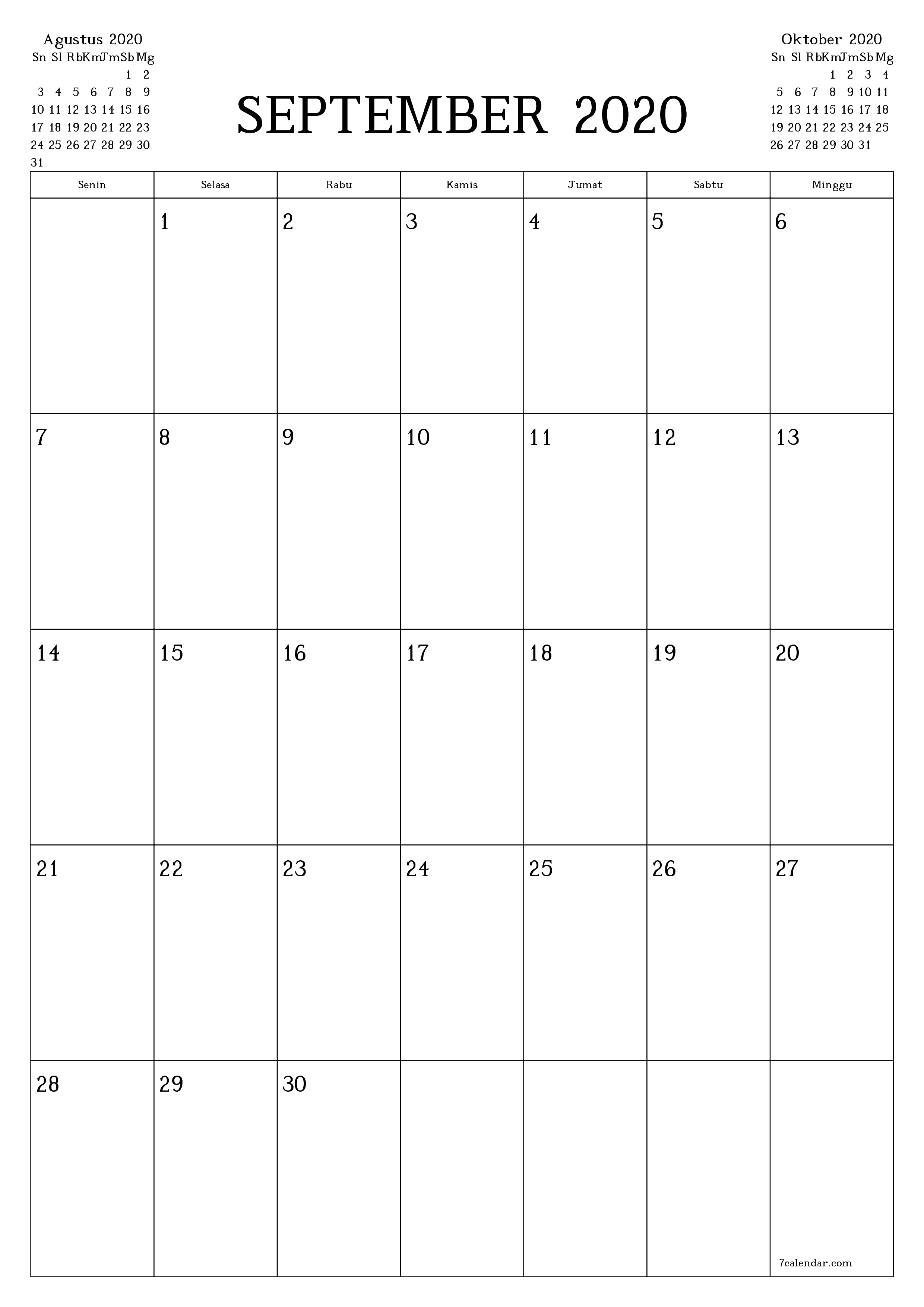 Kosongkan agenda bulanan untuk bulan September 2020 dengan catatan, simpan dan cetak ke PDF PNG Indonesian