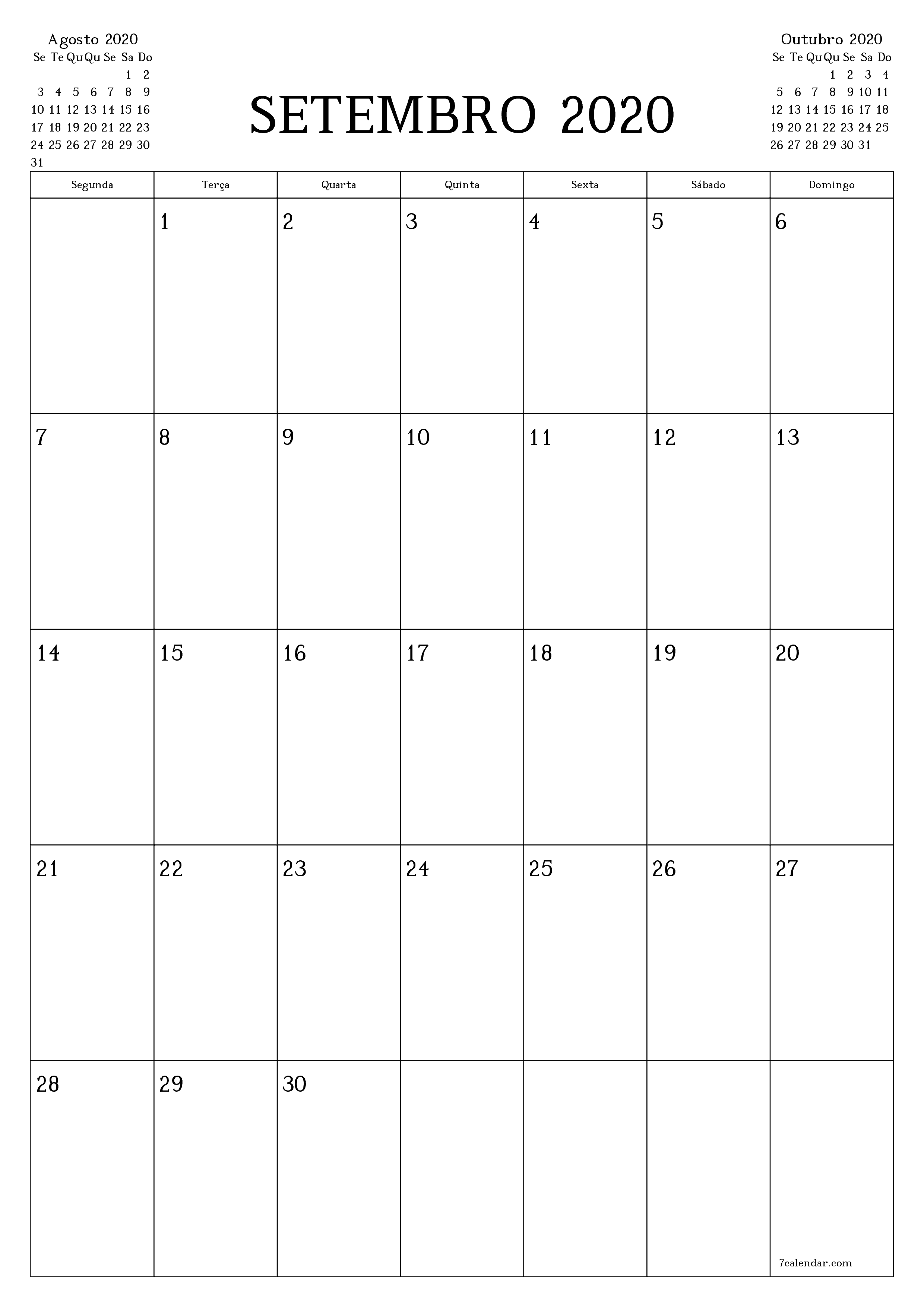  para impressão de parede modelo de grátisvertical Mensal planejador calendário Setembro (Set) 2020