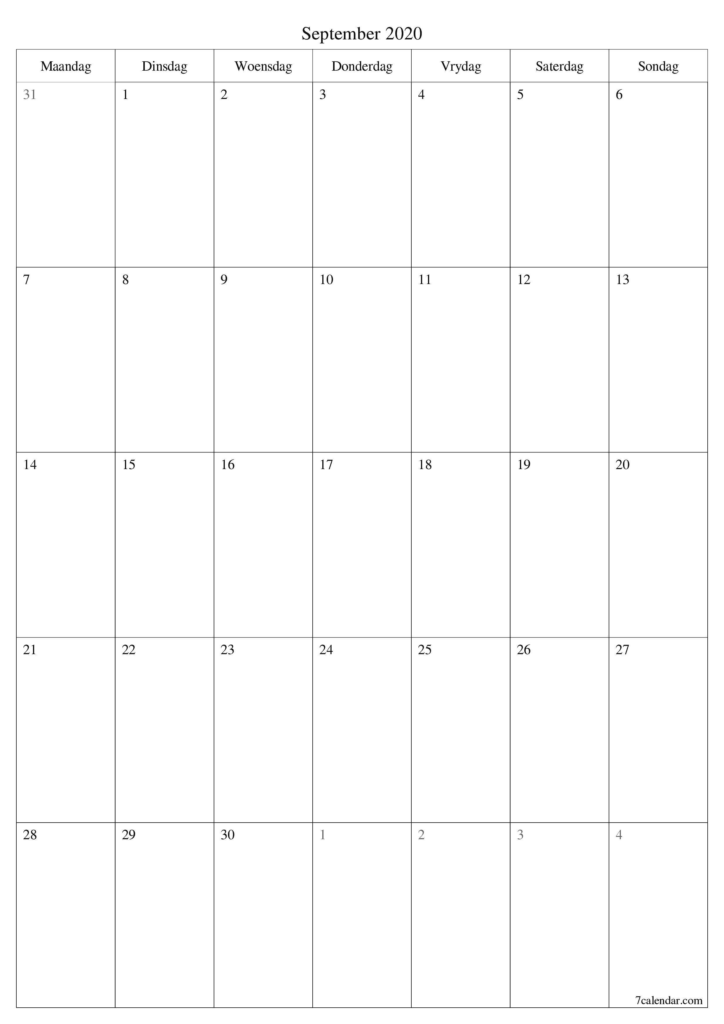 Leë maandelikse drukbare kalender en beplanner vir maand September 2020 met notas stoor en druk na PDF PNG Afrikaans