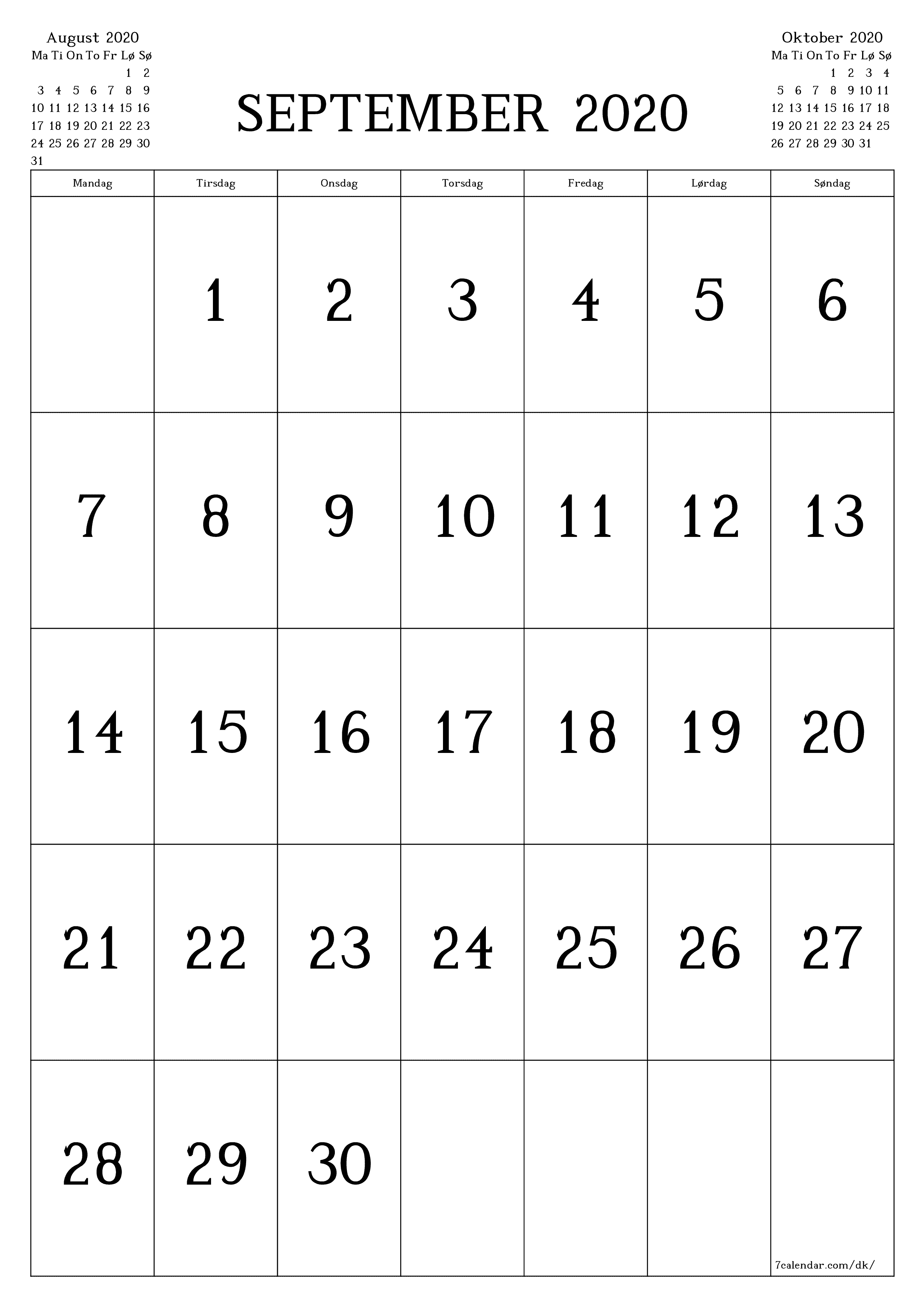 udskrivbar væg skabelon gratis lodret Månedlig kalender September (Sep) 2020