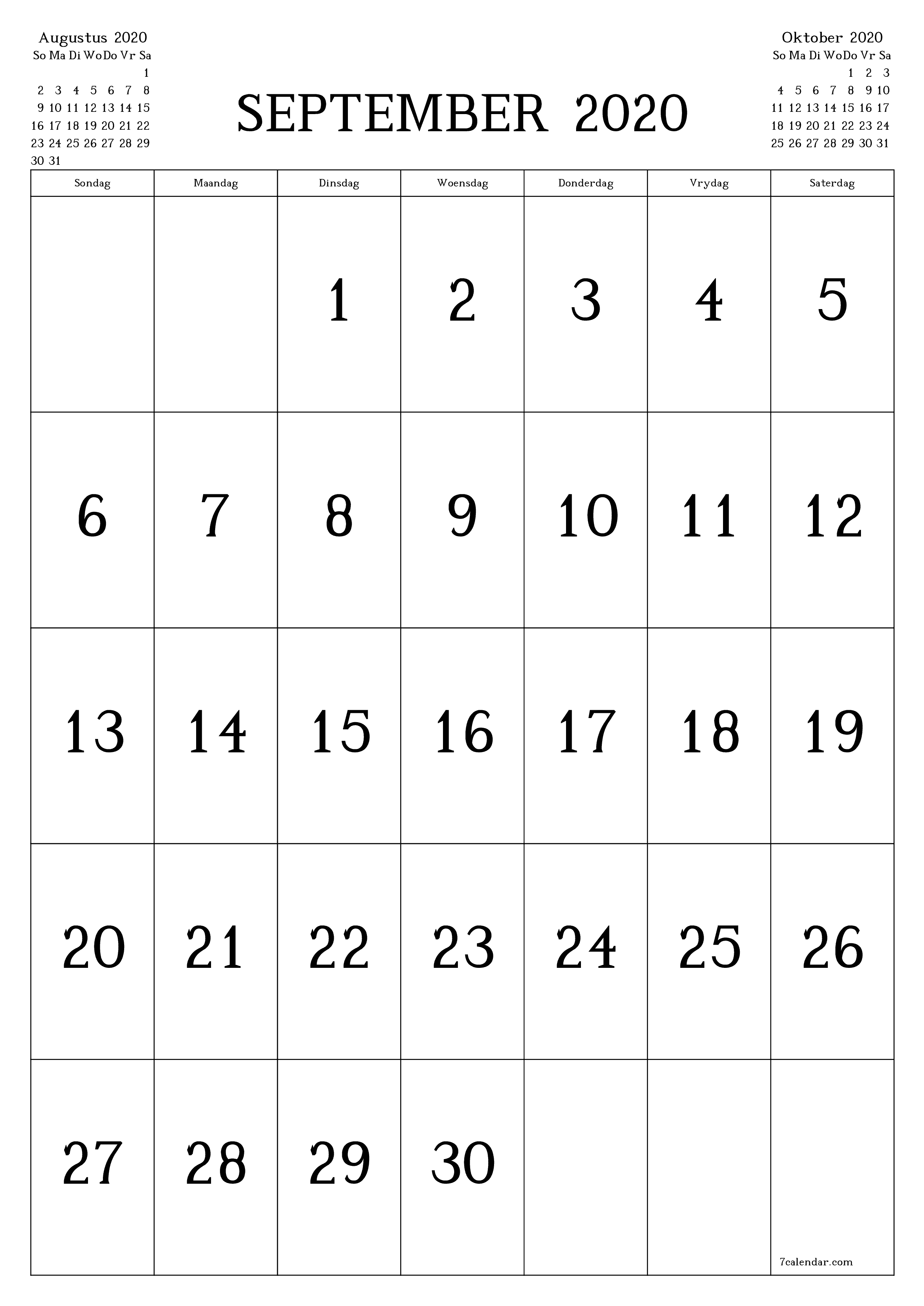 Leë maandelikse drukbare kalender en beplanner vir maand September 2020 met notas stoor en druk na PDF PNG Afrikaans