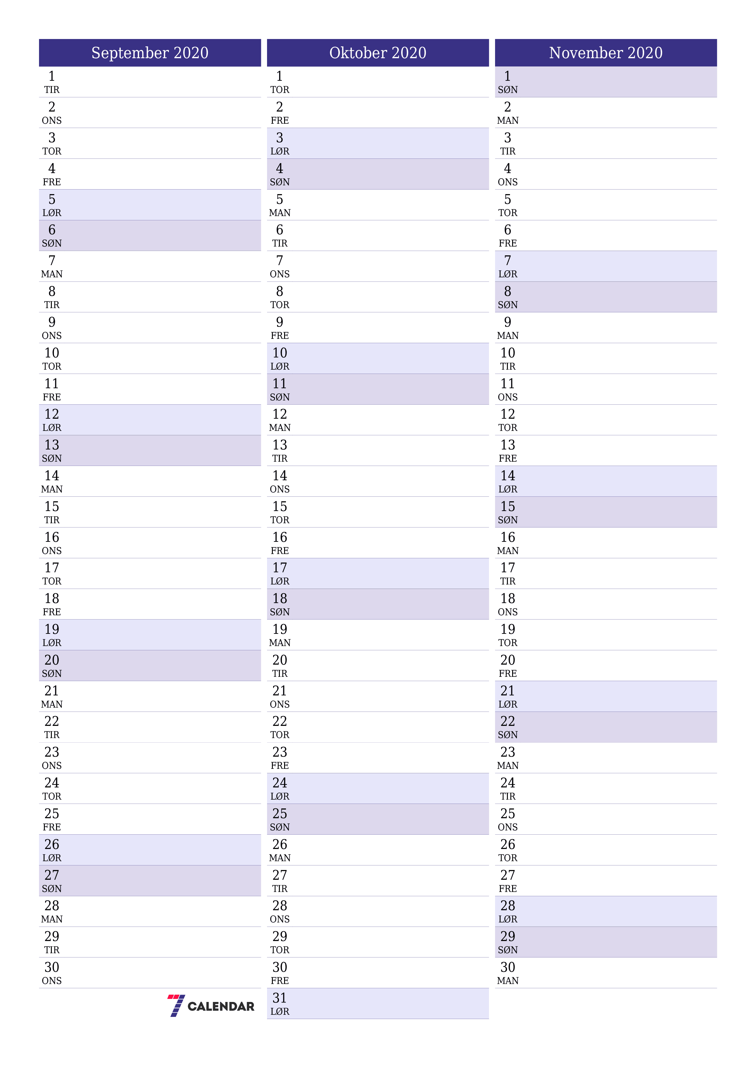 Tom månedlig planlægning for måned September 2020 med noter, gem og udskriv til PDF PNG Danish