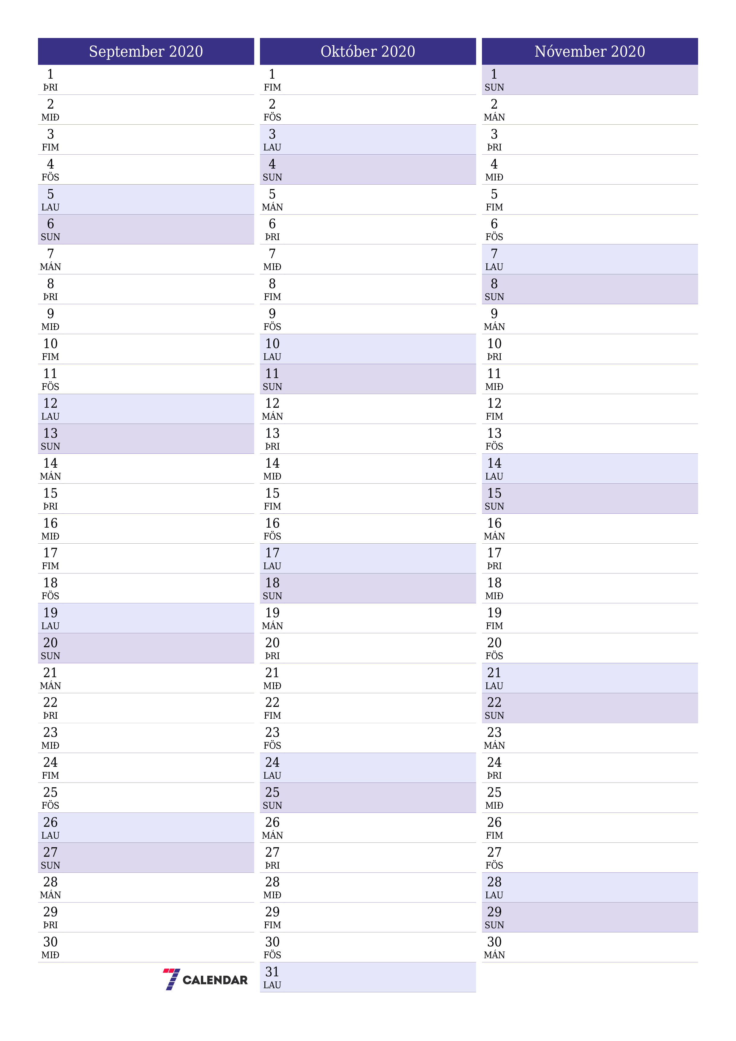 Tómur mánaðarlegur skipuleggjandi fyrir mánuðinn September 2020 með athugasemdum, vista og prenta á PDF PNG Icelandic