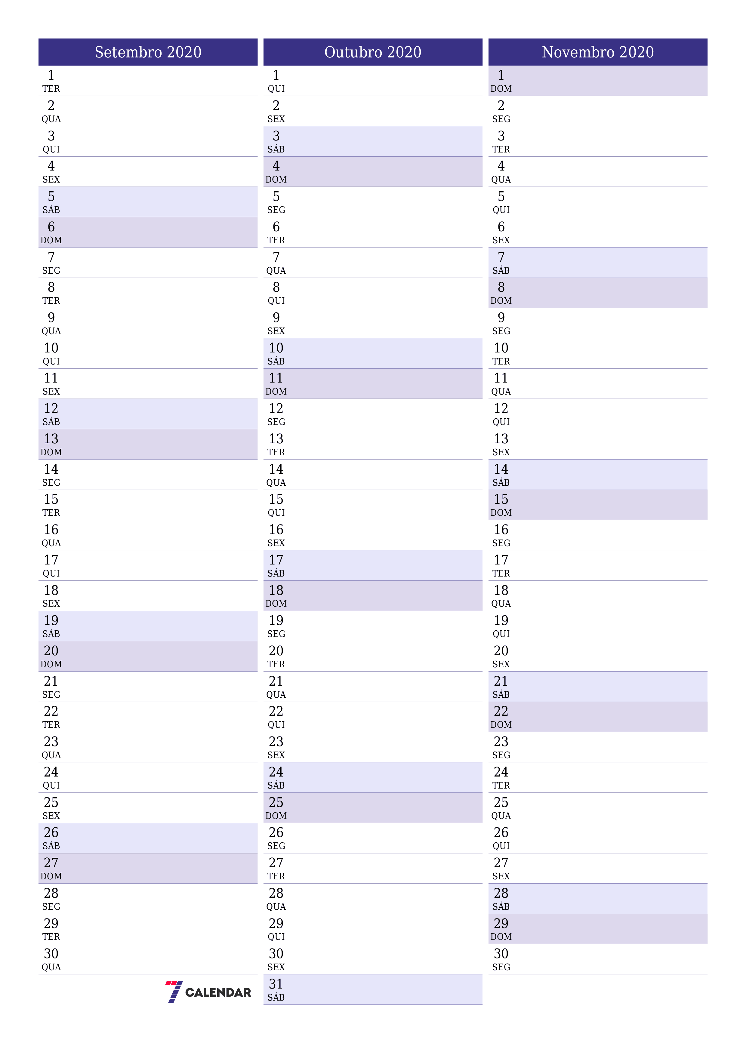  para impressão de parede modelo de grátisvertical Mensal planejador calendário Setembro (Set) 2020