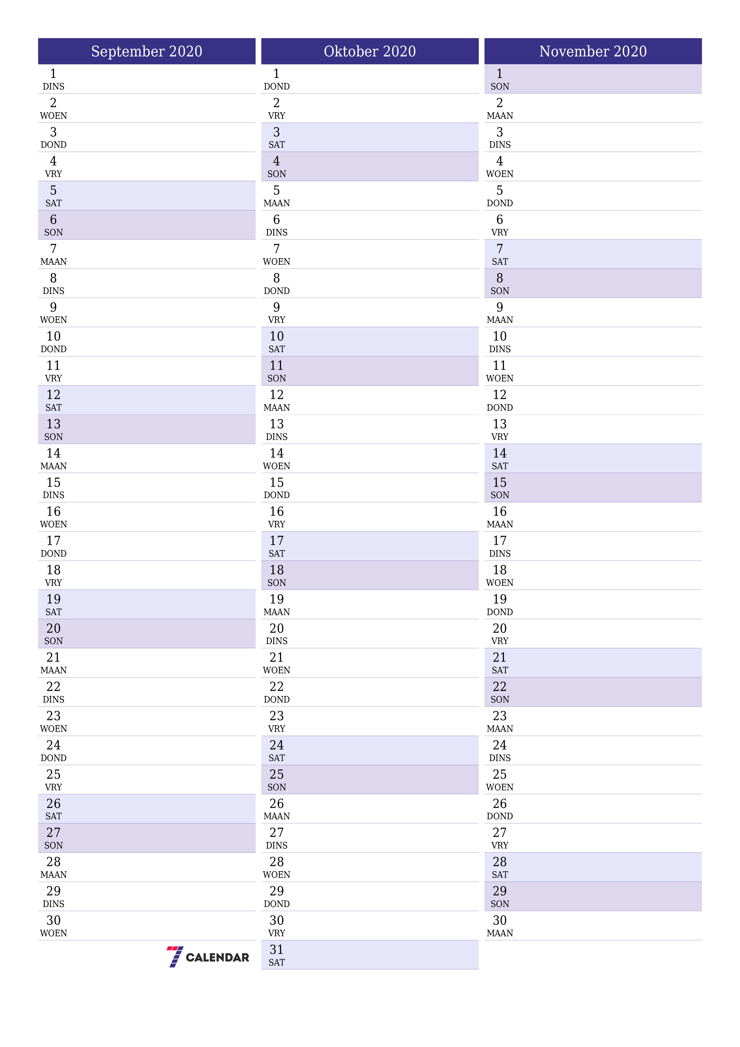 Leë maandelikse drukbare kalender en beplanner vir maand September 2020 met notas stoor en druk na PDF PNG Afrikaans