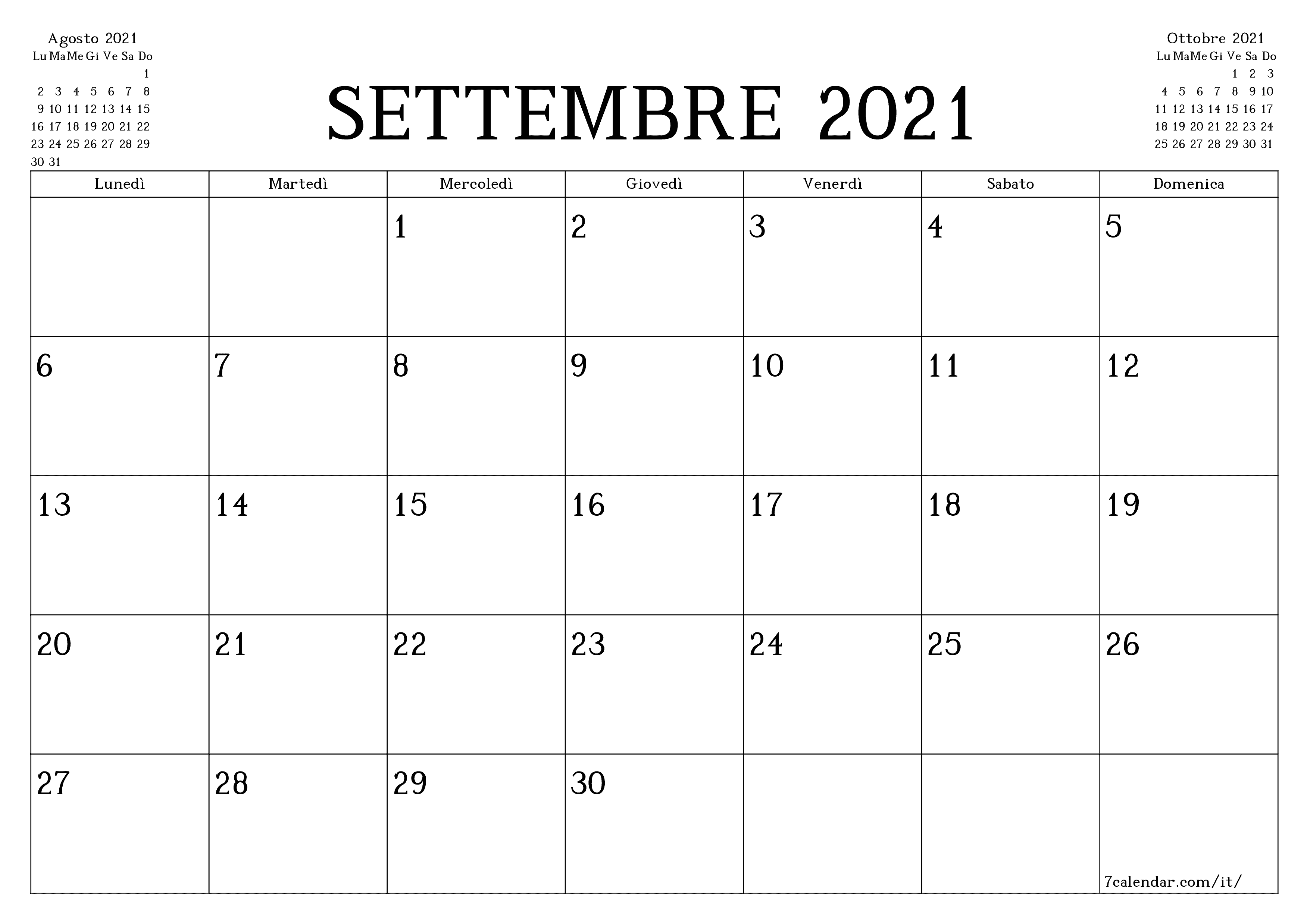 Pianificatore mensile vuoto per il mese Settembre 2021 con note, salva e stampa in PDF PNG Italian